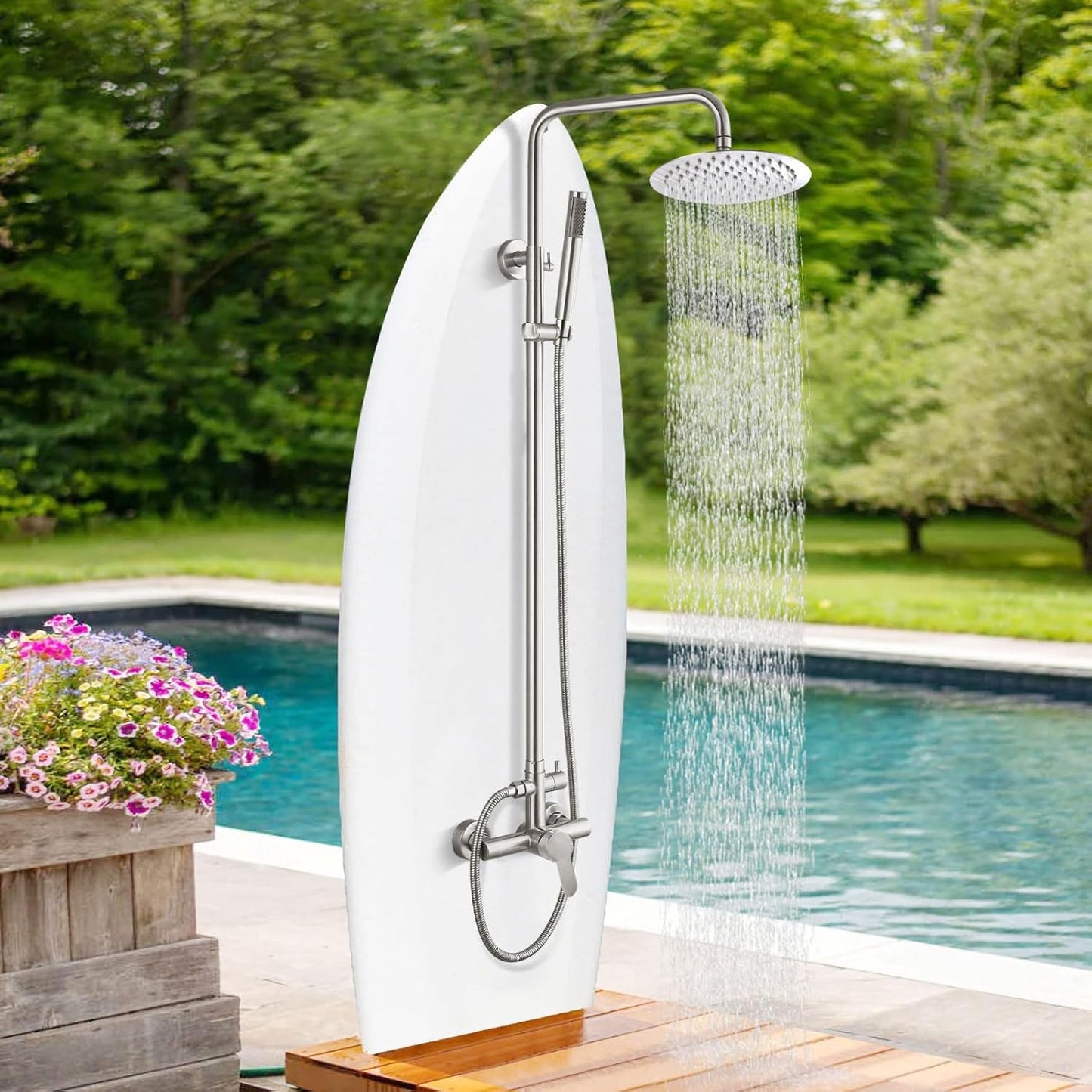 gotonovo Outdoor Shower Fixtures SUS304 Stainless Steel Rain Shower Kit Faucet High Pressure Wall Mount 2 Dual Function 8 Inch Showerhead and Handheld Spray Combo, Single Handle, Brushed Nickel