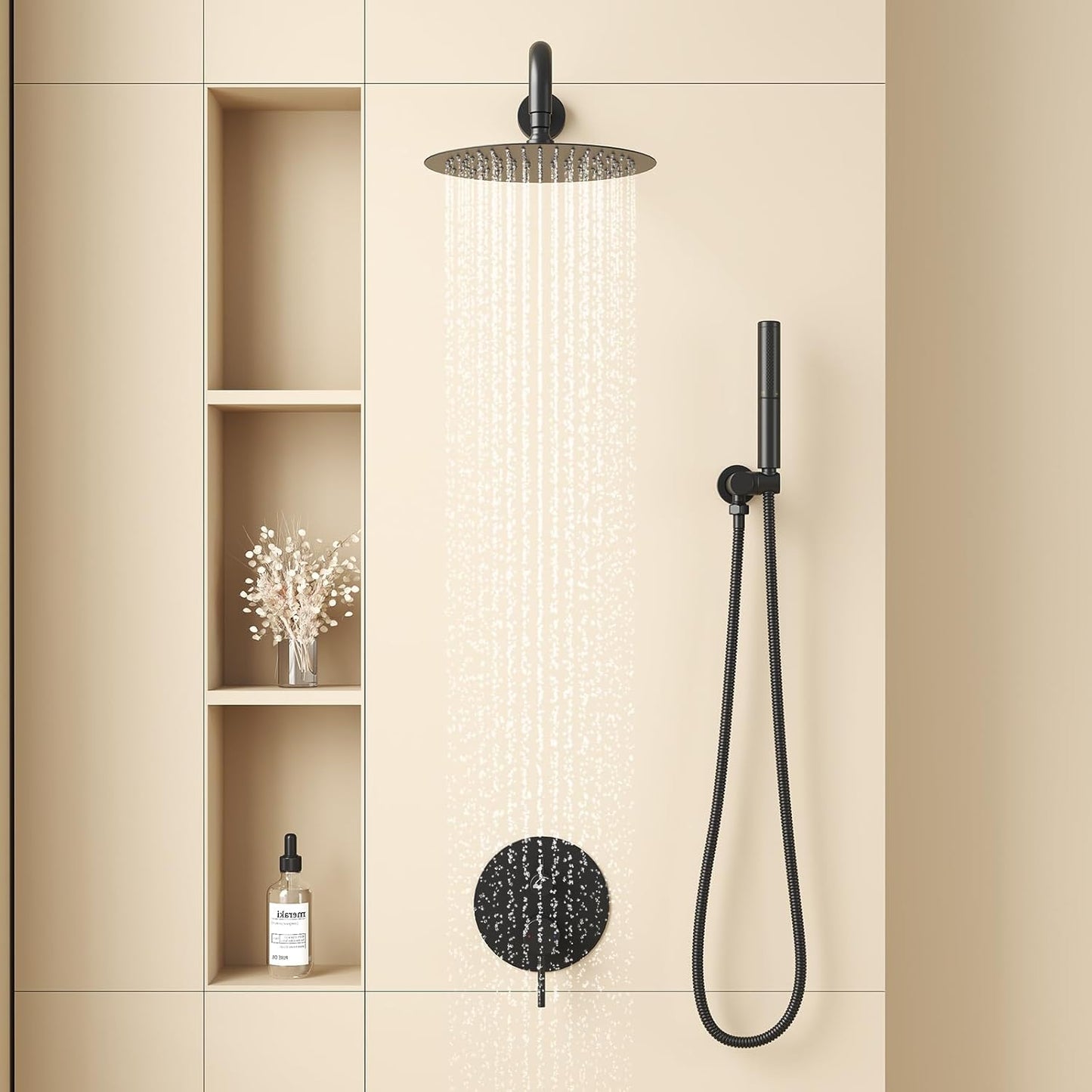 BESy Shower System with 10 Inch Round Rain Shower Head and Handheld Wall Mounted, High Pressure Rainfall Heads Shower Faucet Fixture Combo Set with 2 in 1 Spray Showerhead for Bathroom, Matte Black