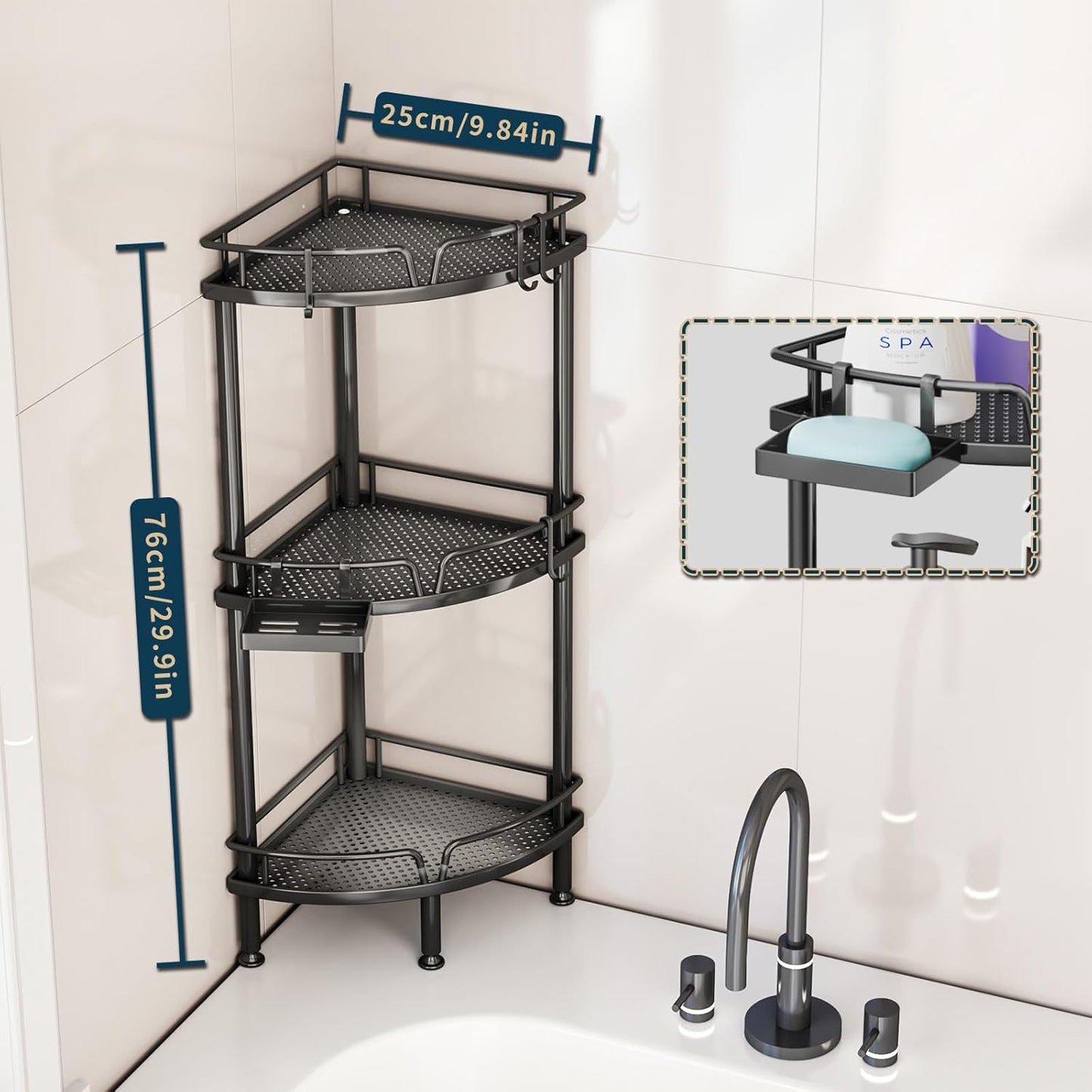 Consumest Corner Shower Caddy Stand - 3 Tier Shower Organizer with Soap Holder, Tall Floor Corner Shelf Standing with Adjustable Feet & 4 Hooks, Storage Rack for Bathroom Black