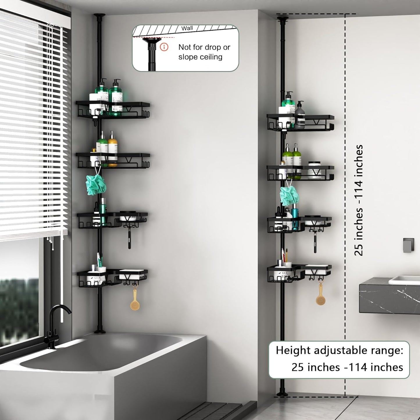 Corner Shower Caddy Tension Pole - 4 Tier Stainless Steel Rustproof Shower Corner Caddy for Bathtub Bathroom Shower Organizer Shelves Adjustable Pole 25-114.2 Inch Black