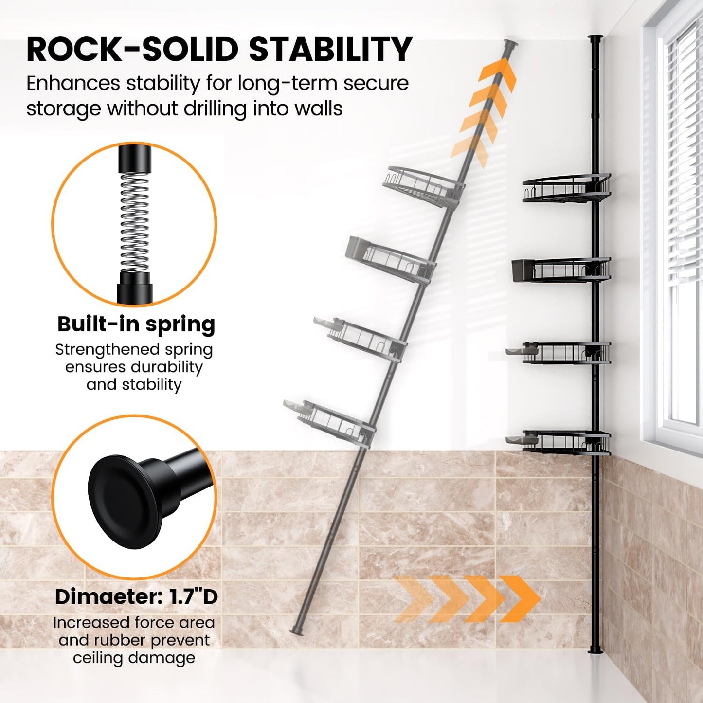 Tension Pole Shower Caddy Corner: Adjustable 4tier Bathroom Organizer Shelves - Rustproof Bathtub Shampoo Rack 43.5-120 inch