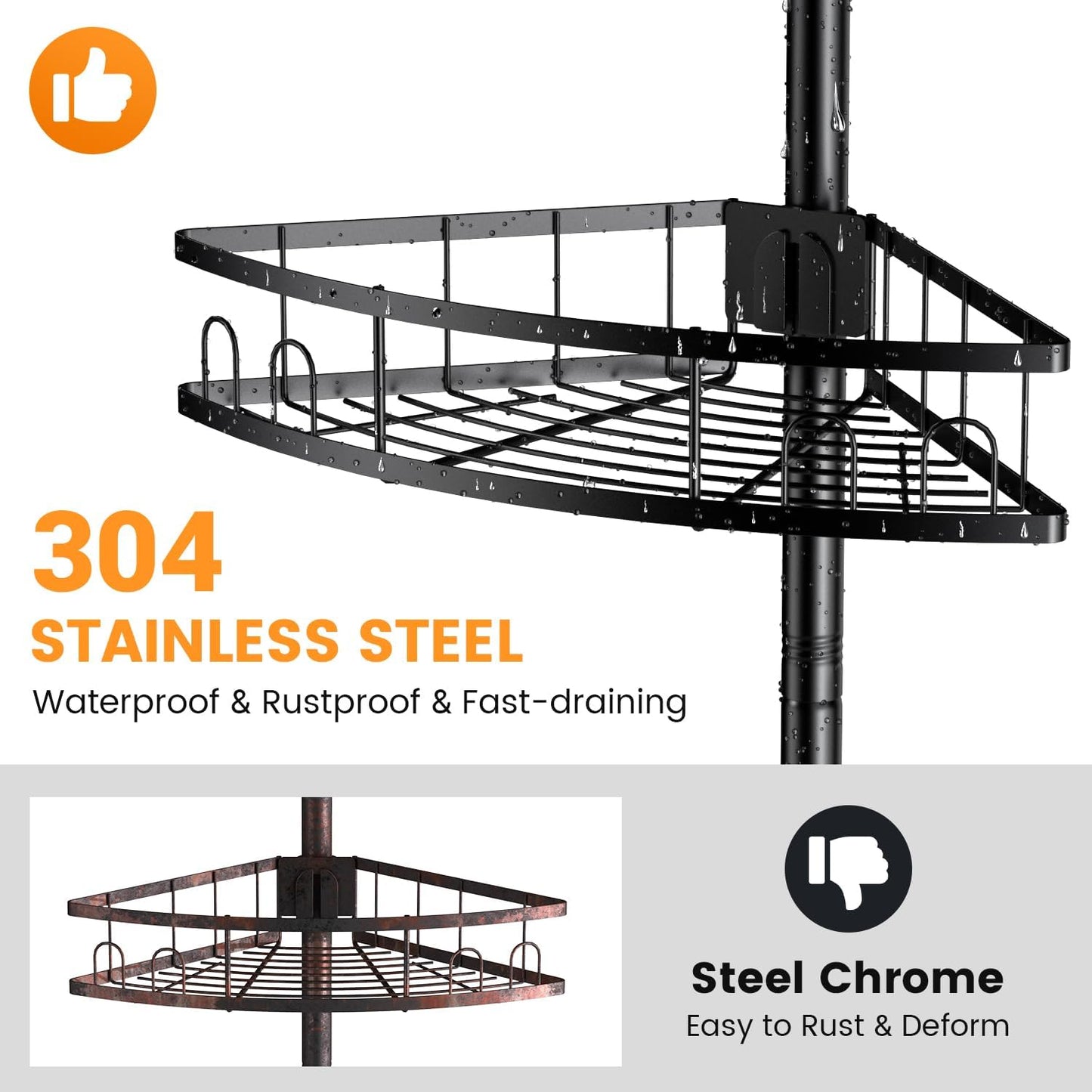 Tension Pole Shower Caddy Corner: Adjustable 4tier Bathroom Organizer Shelves - Rustproof Bathtub Shampoo Rack 43.5-120 inch