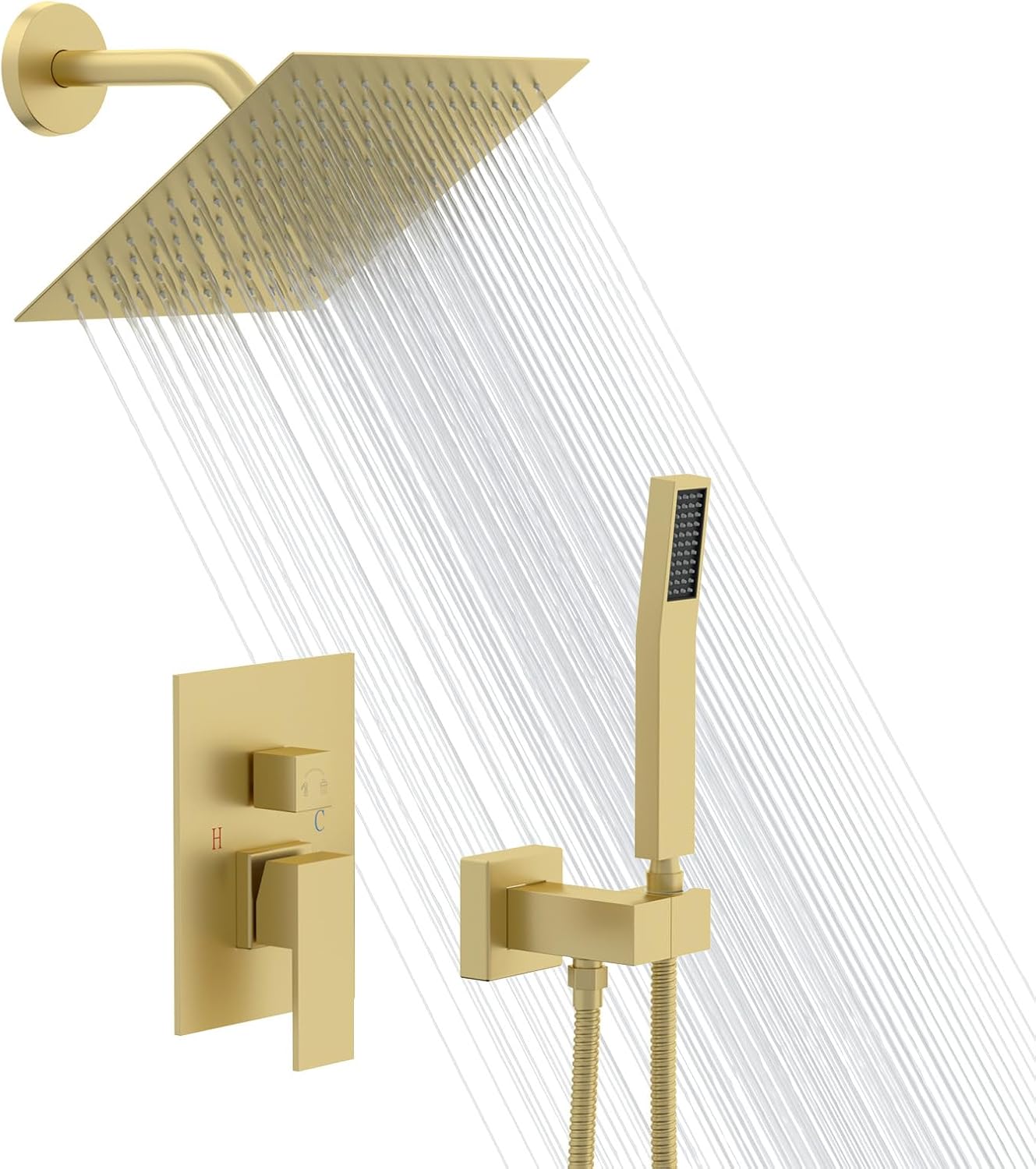 Lordear 12 Inch Rainfall Shower System Wall Mounted Shower Head Faucet Set Gold Brushed Stainless Steel Showerhead with Handheld Combo, Brass Valve Included