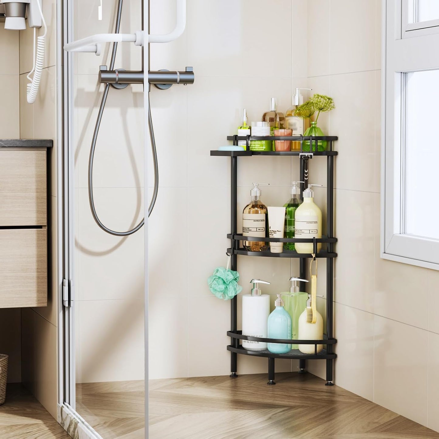 HapiRm Standing Corner Shower Caddy - 3 Tier Shower Organizer Corner with Soap Holder and 4 Hooks, Rustproof Bathroom Storage Shelves with Adhesives, Black