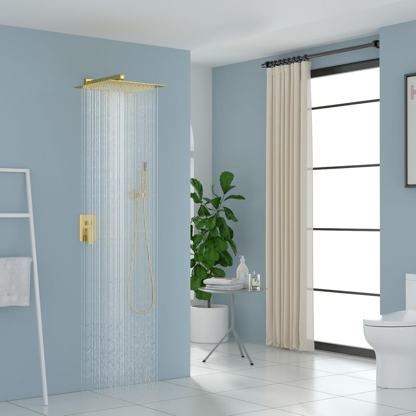 Lordear 12 Inch Rainfall Shower System Wall Mounted Shower Head Faucet Set Gold Brushed Stainless Steel Showerhead with Handheld Combo, Brass Valve Included