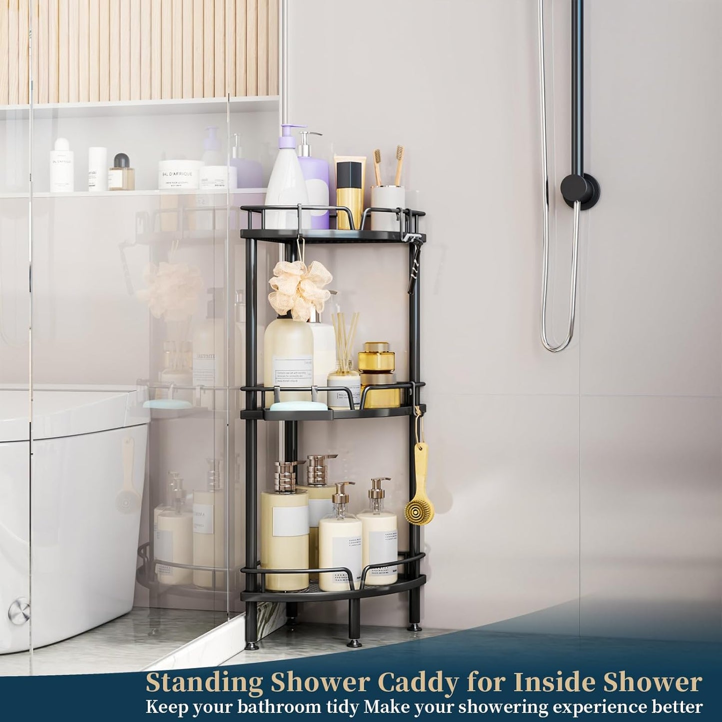 Consumest Corner Shower Caddy Stand - 3 Tier Shower Organizer with Soap Holder, Tall Floor Corner Shelf Standing with Adjustable Feet & 4 Hooks, Storage Rack for Bathroom Black