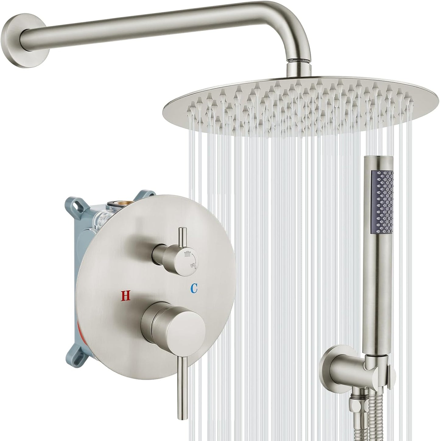 gotonovo Shower System 10 Inch Round Rainfall Showerhead Wall Mounted High Pressure Shower Faucet Set Fixture Combo with Rough in Valve and Cylindrical Handheld Spray, Matte Black