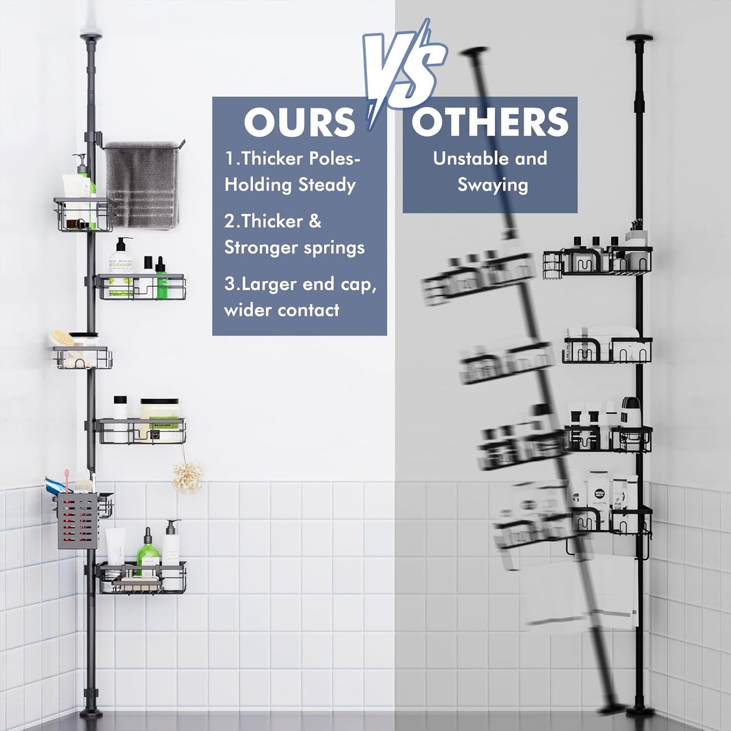 Shower Caddy Organizer Tension Pole, Rustproof 6-Pack Corner Shelf with 30-120 Inch Adjustable Shower Rack for Inside Shower, Extra Towel Bar & Soap Dish for Bathroom Organizers and Storage, Black