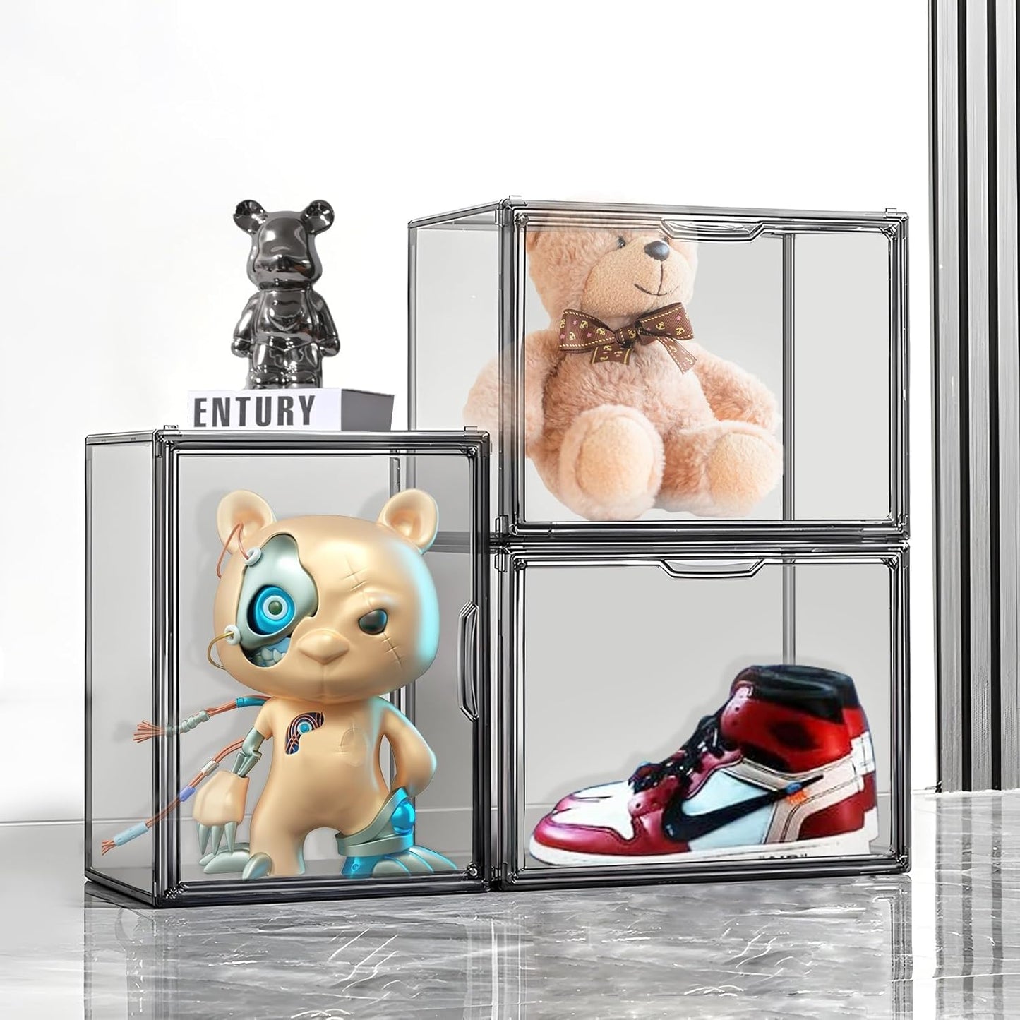 Clear Stackable Plastic Storage Bins with Magnetic Lid, Dustproof Book & Cosmetic Display Cases, Large Figures Collectibles Showcase, Shoe Box, Protection Organizer (Gray, L-3 Pack)