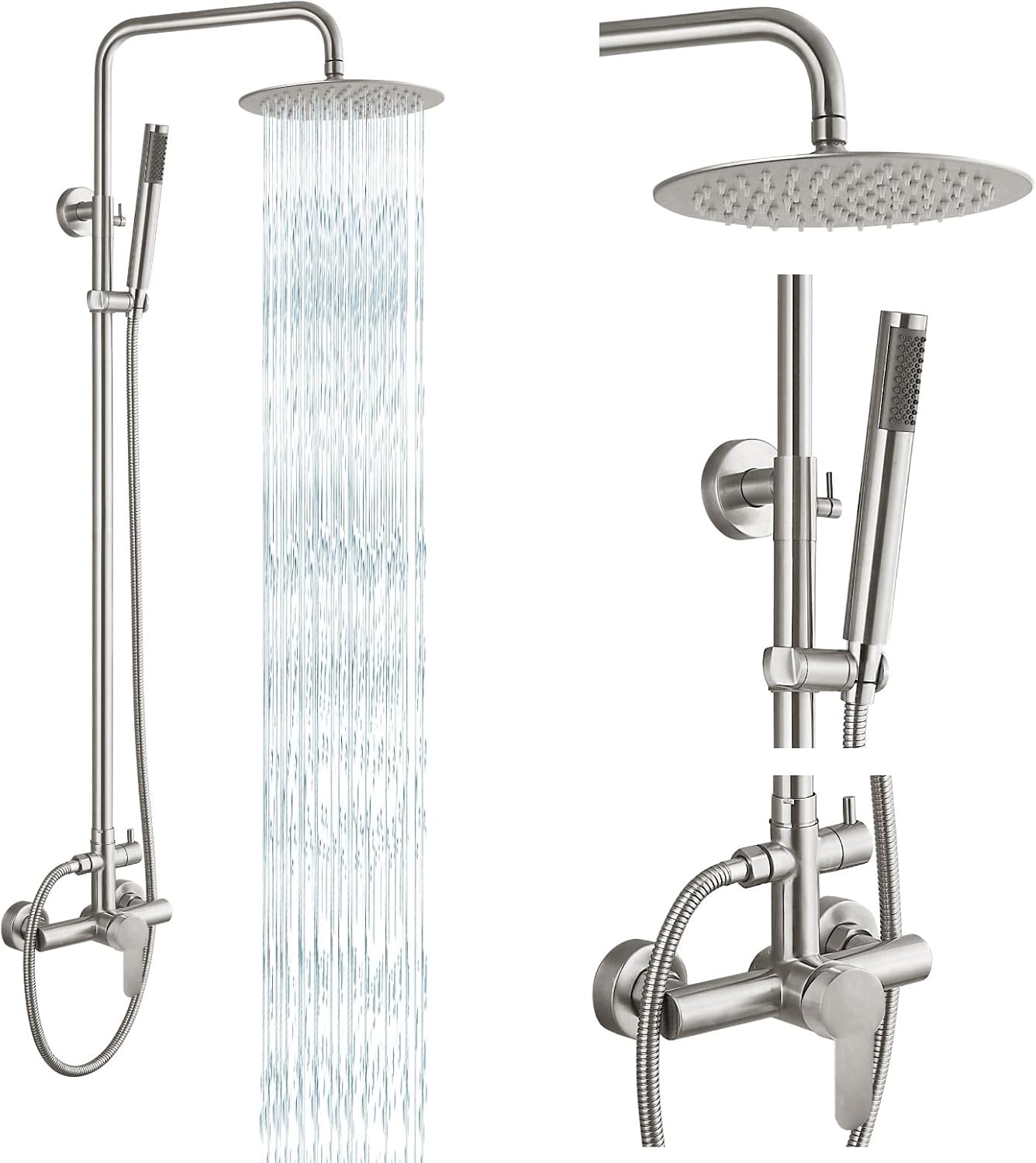 gotonovo Outdoor Shower Fixtures SUS304 Stainless Steel Rain Shower Kit Faucet High Pressure Wall Mount 2 Dual Function 8 Inch Showerhead and Handheld Spray Combo, Single Handle, Brushed Nickel