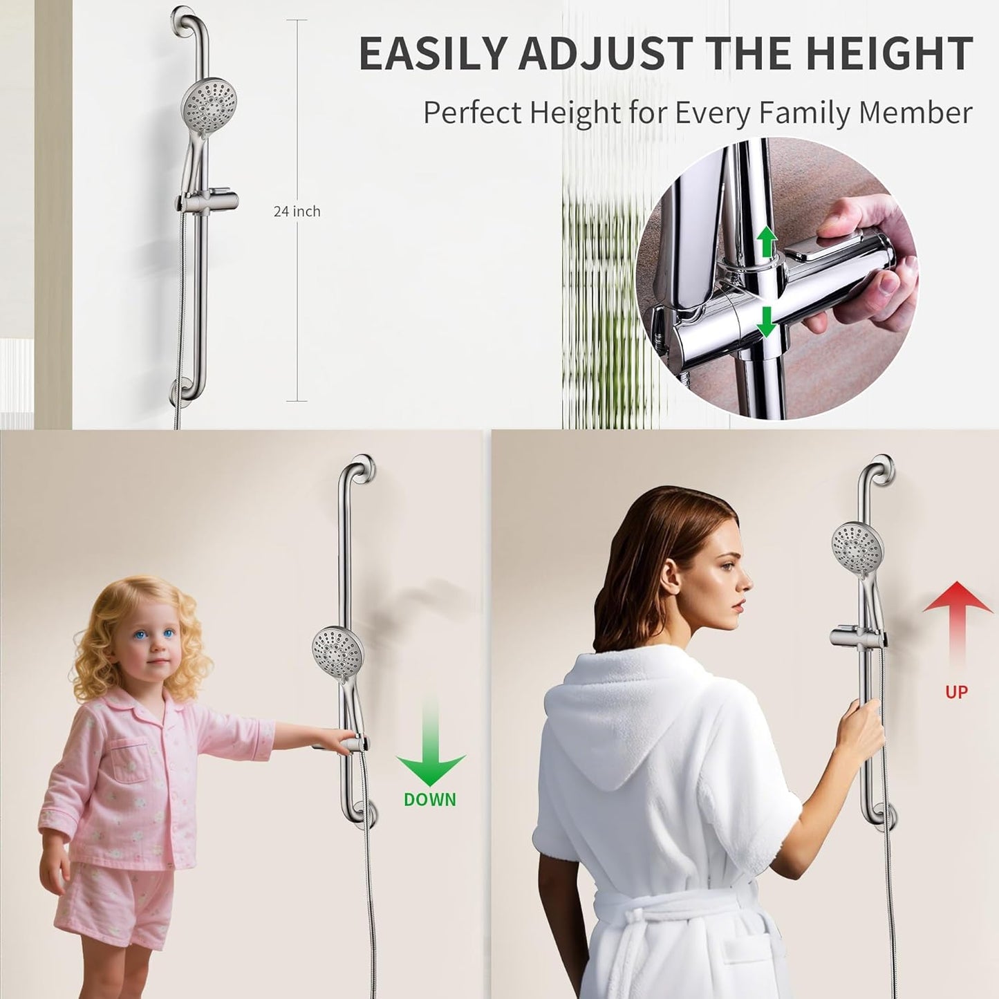 BRIGHT SHOWERS Stainless Steel Slide Bar Grab Rail Set Ada compliant Includes Handheld Shower Head and 69-Inch Hose (Brushed Nickel)