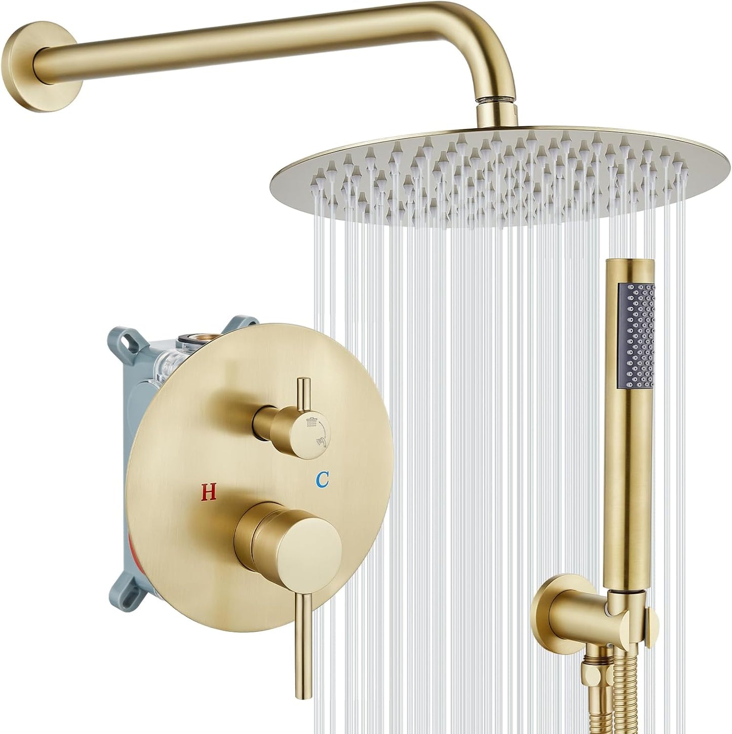 gotonovo Shower System 10 Inch Round Rainfall Showerhead Wall Mounted High Pressure Shower Faucet Set Fixture Combo with Rough in Valve and Cylindrical Handheld Spray, Matte Black