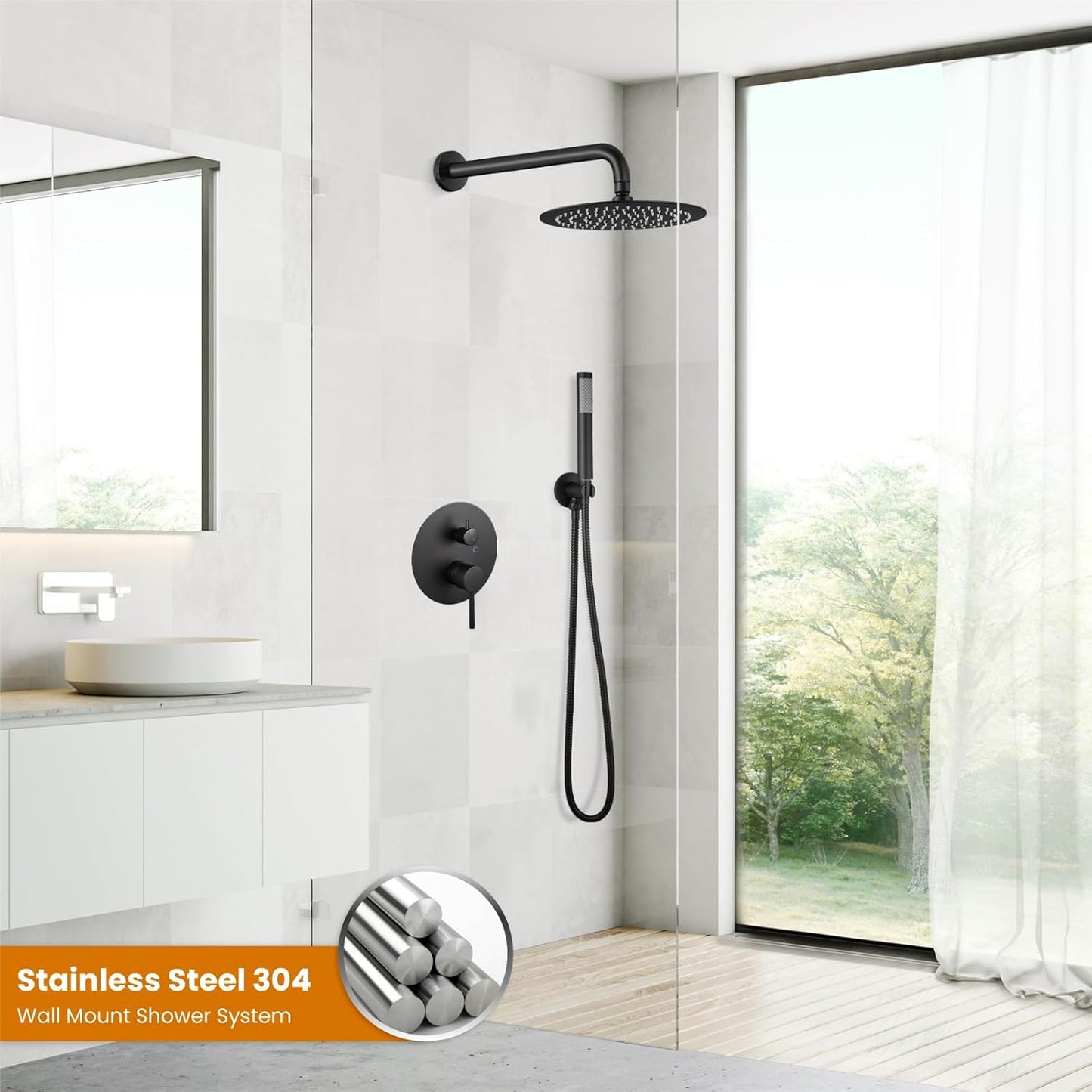 gotonovo Shower System 10 Inch Round Rainfall Showerhead Wall Mounted High Pressure Shower Faucet Set Fixture Combo with Rough in Valve and Cylindrical Handheld Spray, Matte Black