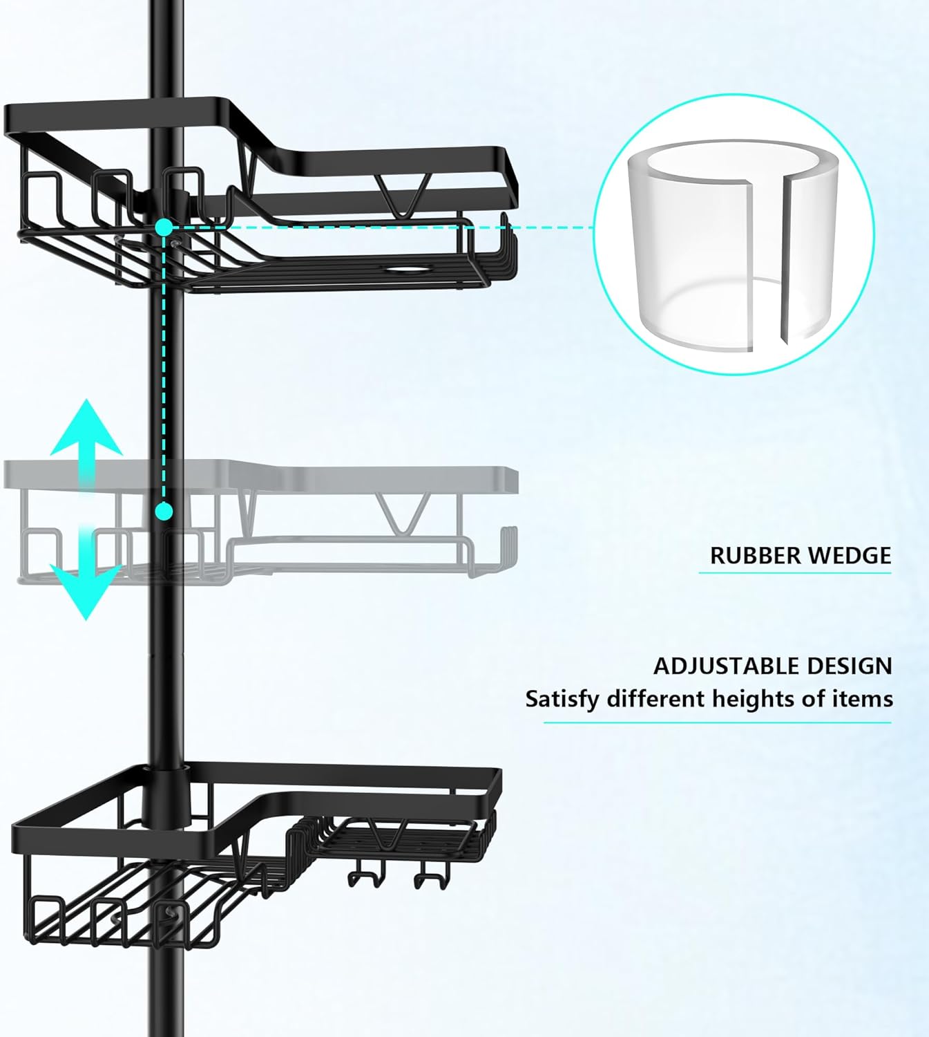 Corner Shower Caddy Tension Pole - 4 Tier Stainless Steel Rustproof Shower Corner Caddy for Bathtub Bathroom Shower Organizer Shelves Adjustable Pole 25-114.2 Inch Black