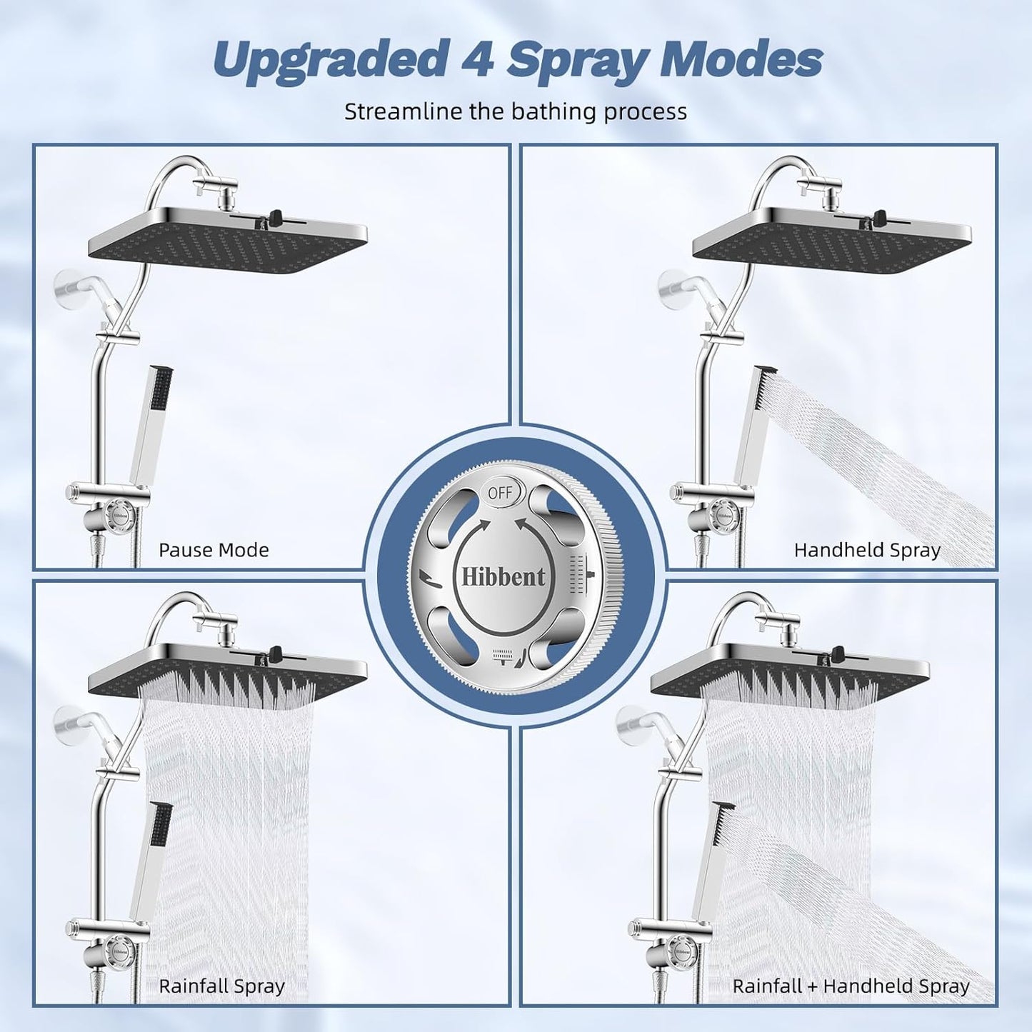 Hibbent Upgraded 13'' Shower Head Combo, High Pressure 5-spray Rainfall Showerhead, Stainless Steel 4 Modes Handheld Spray, All Metal 4-way Diverter Valve, Extension Arm, 71'' Hose and Holder, Chrome