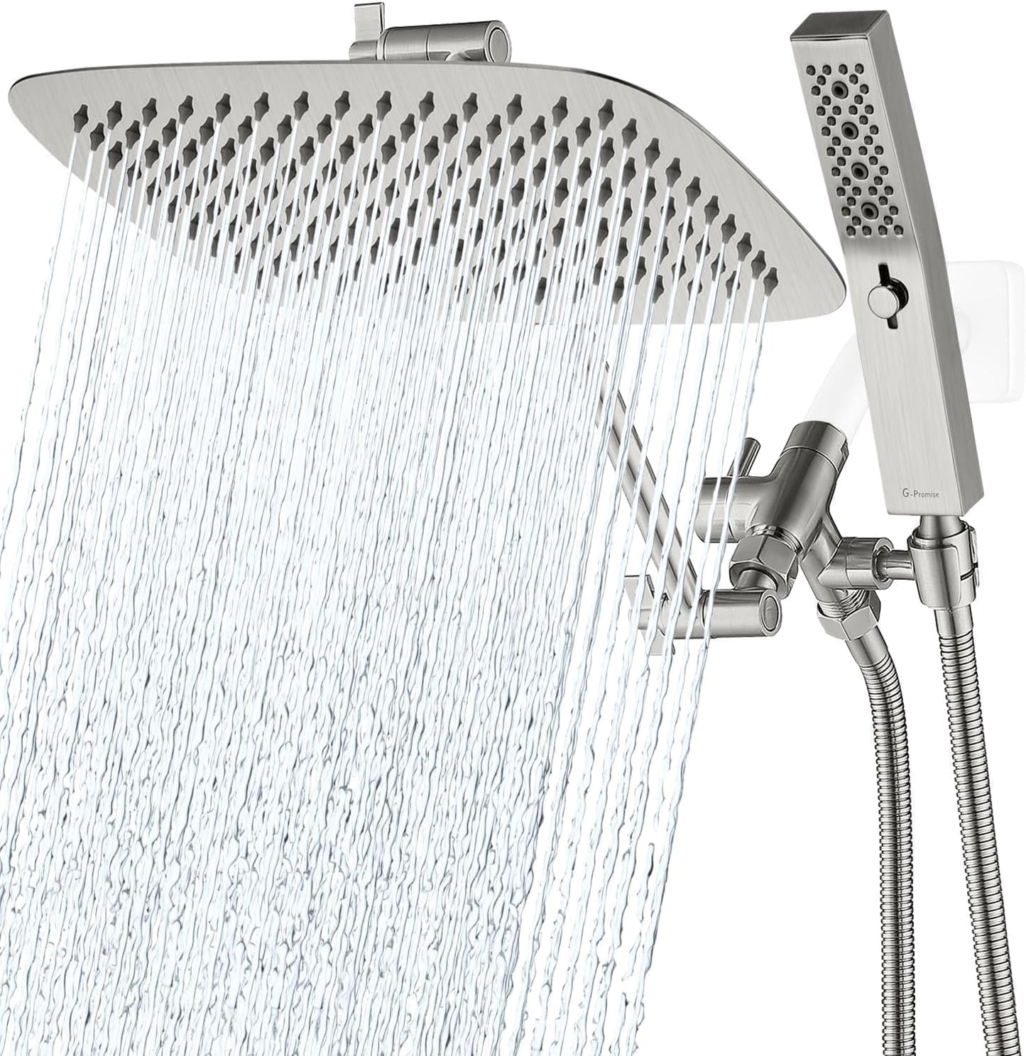 G-Promise All Metal 14 Inch Dual Shower Head with Handheld Combo, Rain Shower Head, Adjustable Extension Arm, Smooth 3-Way Diverter, 71 Inch Extra Long Hose - A Bathroom Upgrade (Chrome)