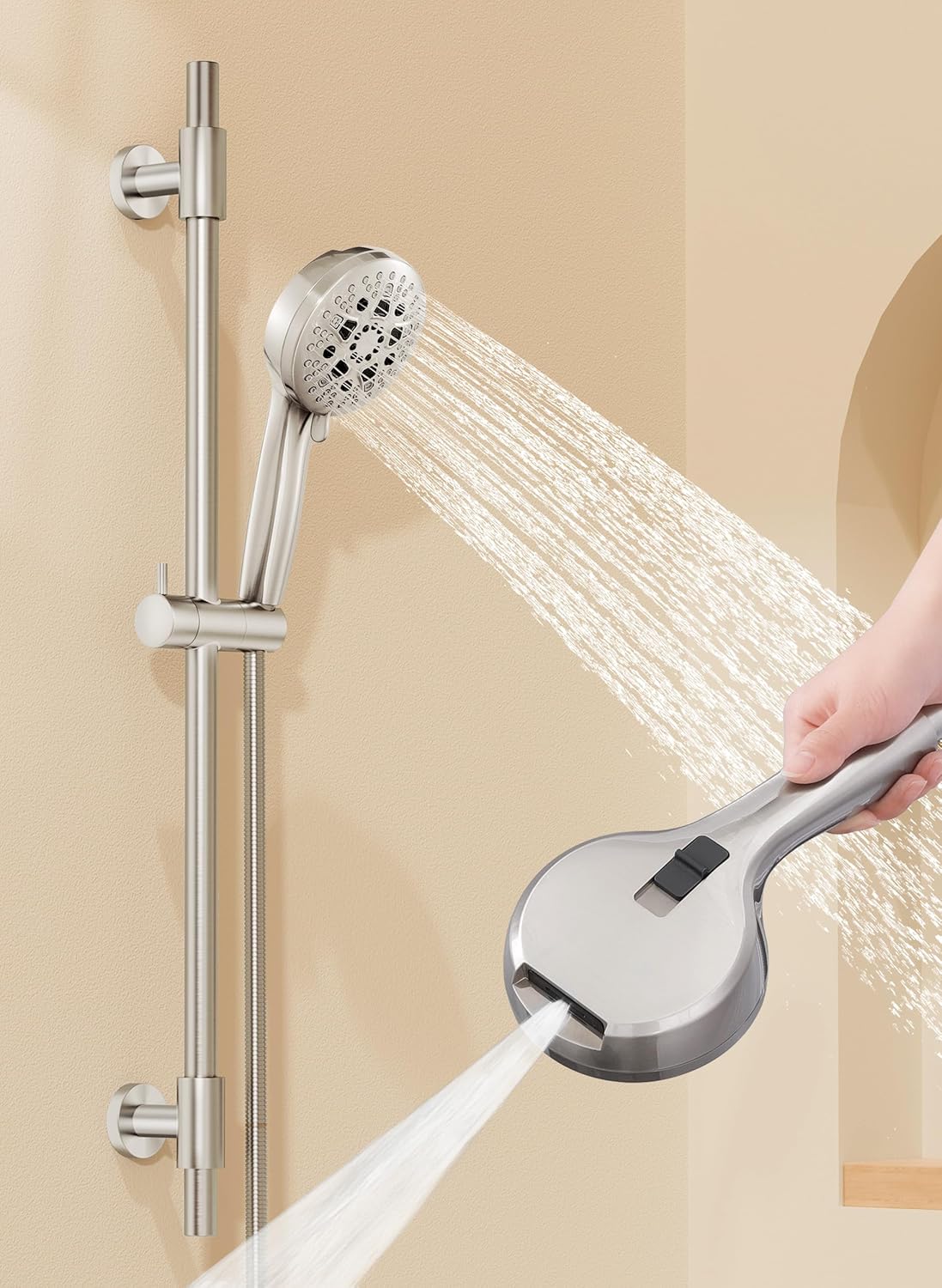 KES 30-Inch Shower Slide Bar with High Pressure 9 Functions Adjustable Handheld Shower Head & 59-Inch Hose, Built-in Power Wash to Clean Tub Tile & Pet, Wall Mount Brushed Finish 18/8 Stainless Steel