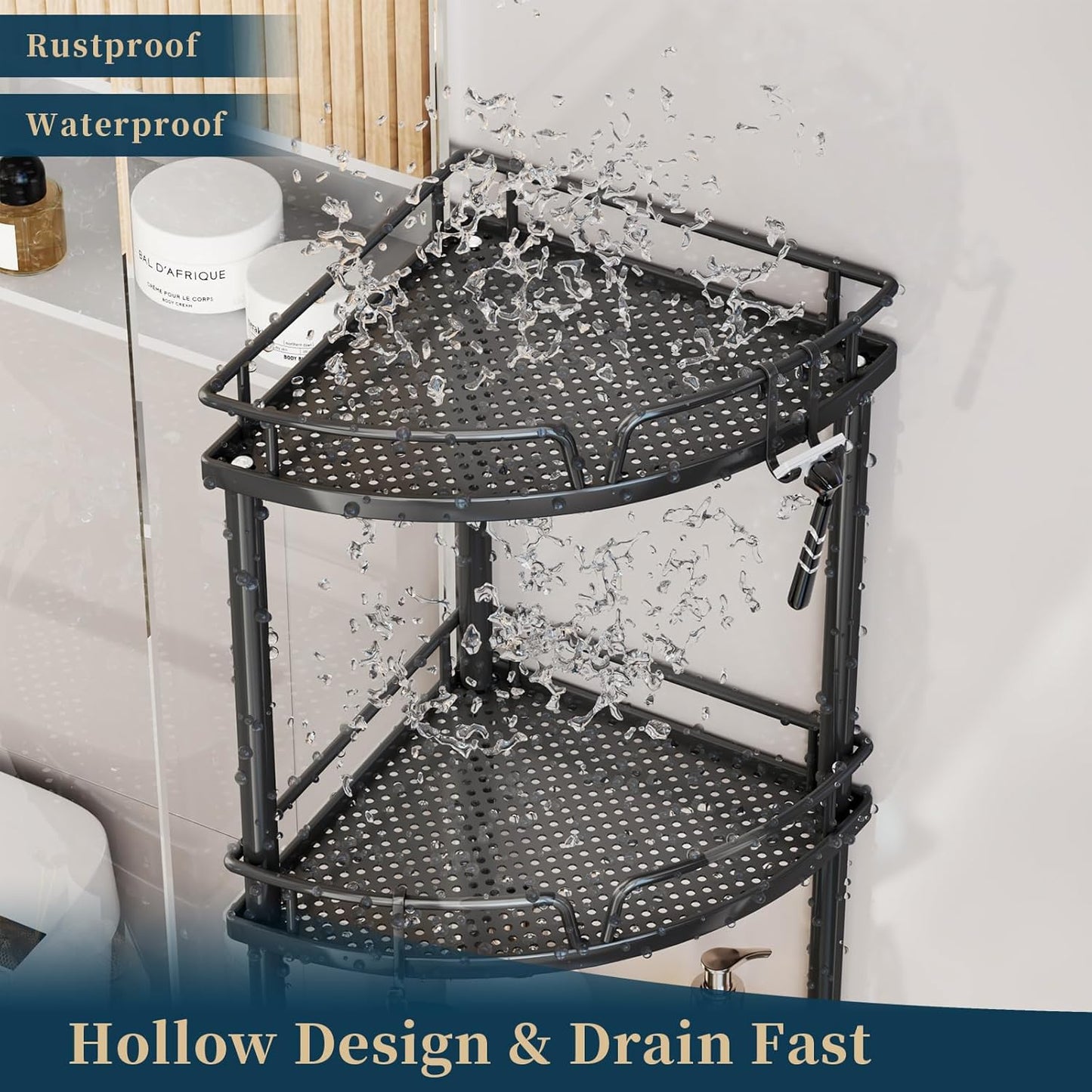 Consumest Corner Shower Caddy Stand - 3 Tier Shower Organizer with Soap Holder, Tall Floor Corner Shelf Standing with Adjustable Feet & 4 Hooks, Storage Rack for Bathroom Black