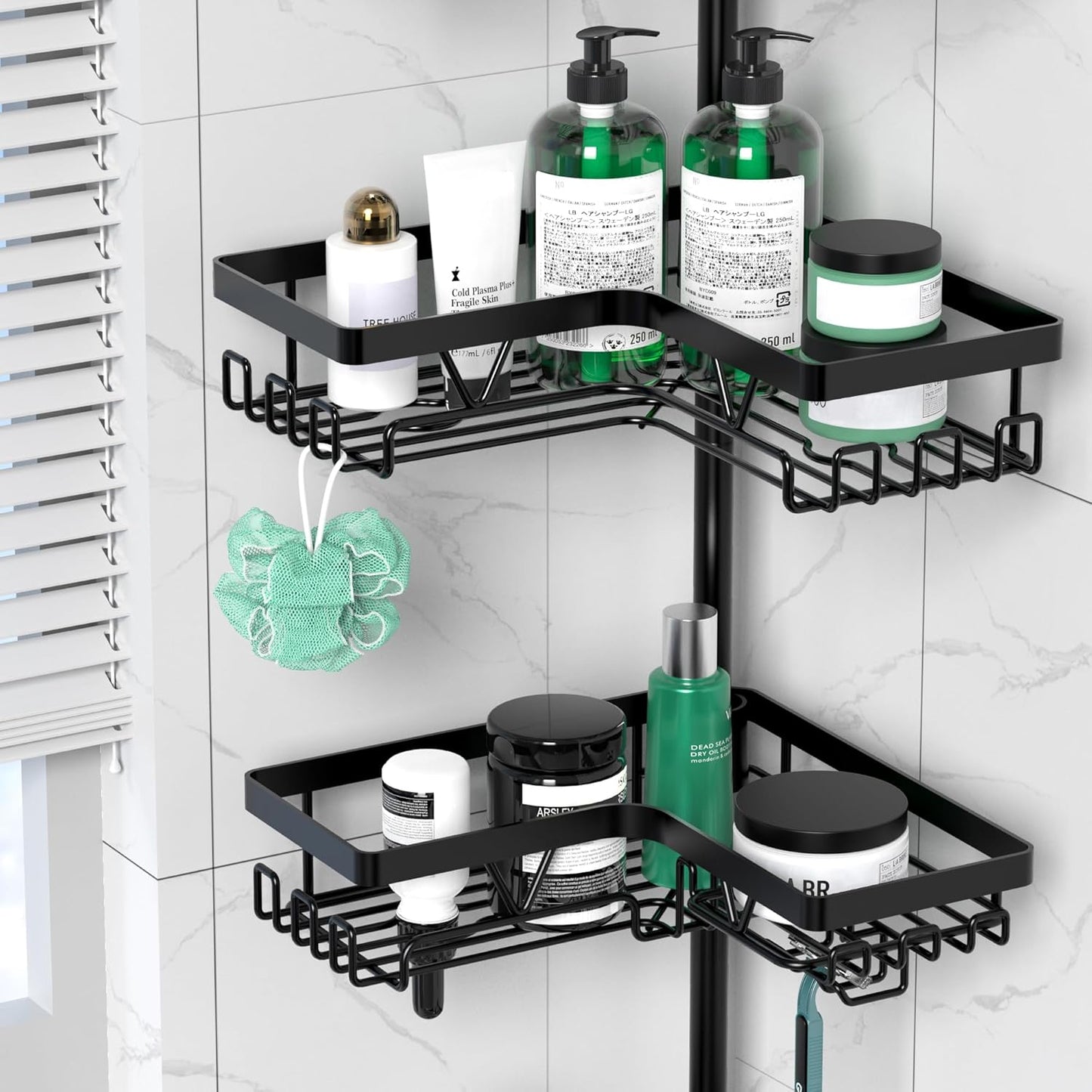 Corner Shower Caddy Tension Pole - 4 Tier Stainless Steel Rustproof Shower Corner Caddy for Bathtub Bathroom Shower Organizer Shelves Adjustable Pole 25-114.2 Inch Black