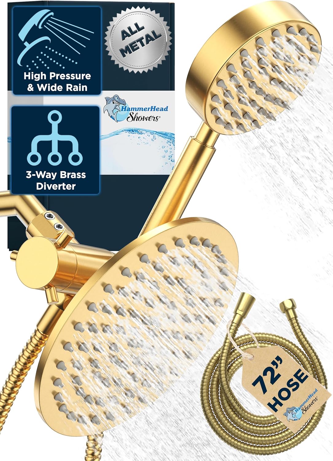 HammerHead Showers® ALL METAL Dual Shower Head Combo – CHROME – 8 Inch Rainfall High Flow Shower Head & Handheld Shower Head High Pressure with Hose 6ft - Hotel-Like Double Shower Heads