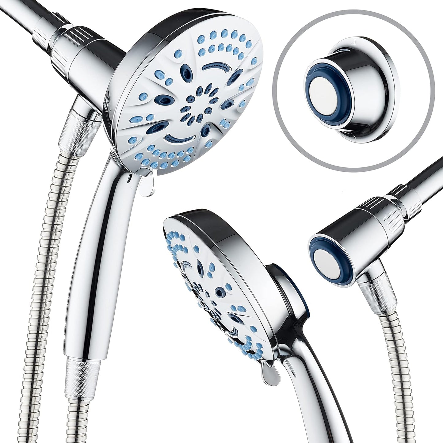 AquaCare Magneton High-Pressure 8-mode Handheld Shower Head with Magnetic Guidance Docking System - 2 Magnetic Brackets, 5 inch Face, Hygienic Jets, 6 ft. Stainless Steel Hose - All Nickel Finish