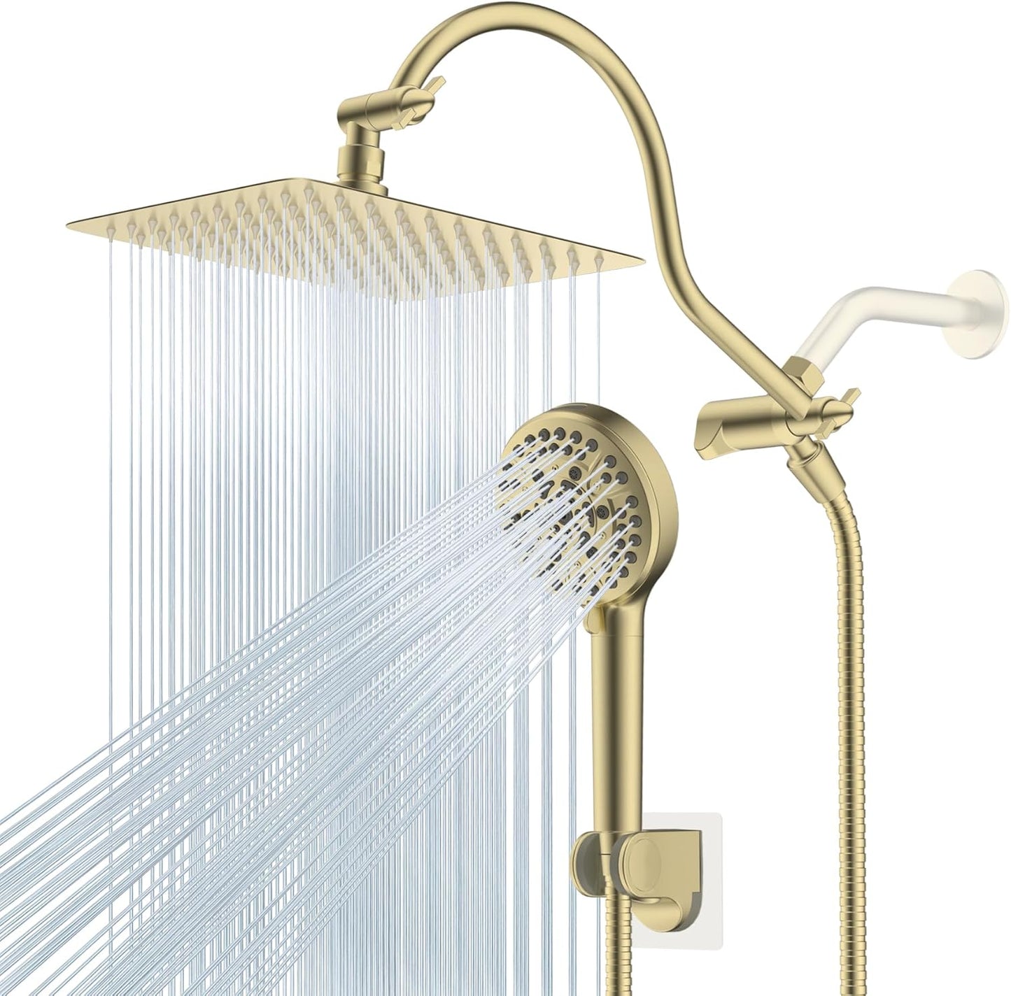 Hibbent All Metal Shower Head, 10'' High Pressure Rainfall Shower Head/Handheld Showerhead Combo with 12'' Adjustable Curve Shower Extension Arm, 10 Sprays, 71'' Shower Hose, Showerhead Holder, Chrome