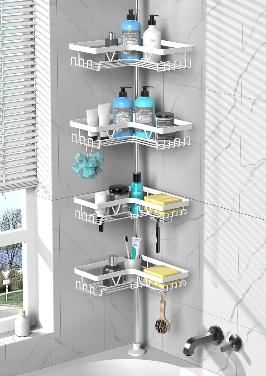 Corner Shower Caddy Tension Pole - 4 Tier Stainless Steel Rustproof Shower Corner Caddy for Bathtub Bathroom Shower Organizer Shelves Adjustable Pole 25-114.2 Inch Black