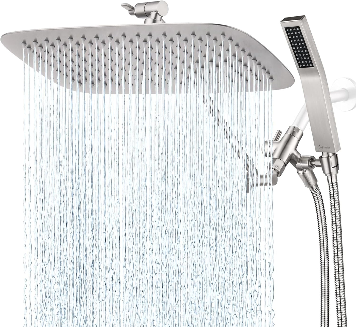 G-Promise All Metal 14 Inch Dual Shower Head with Handheld Combo, Rain Shower Head, Adjustable Extension Arm, Smooth 3-Way Diverter, 71 Inch Extra Long Hose - A Bathroom Upgrade (Chrome)
