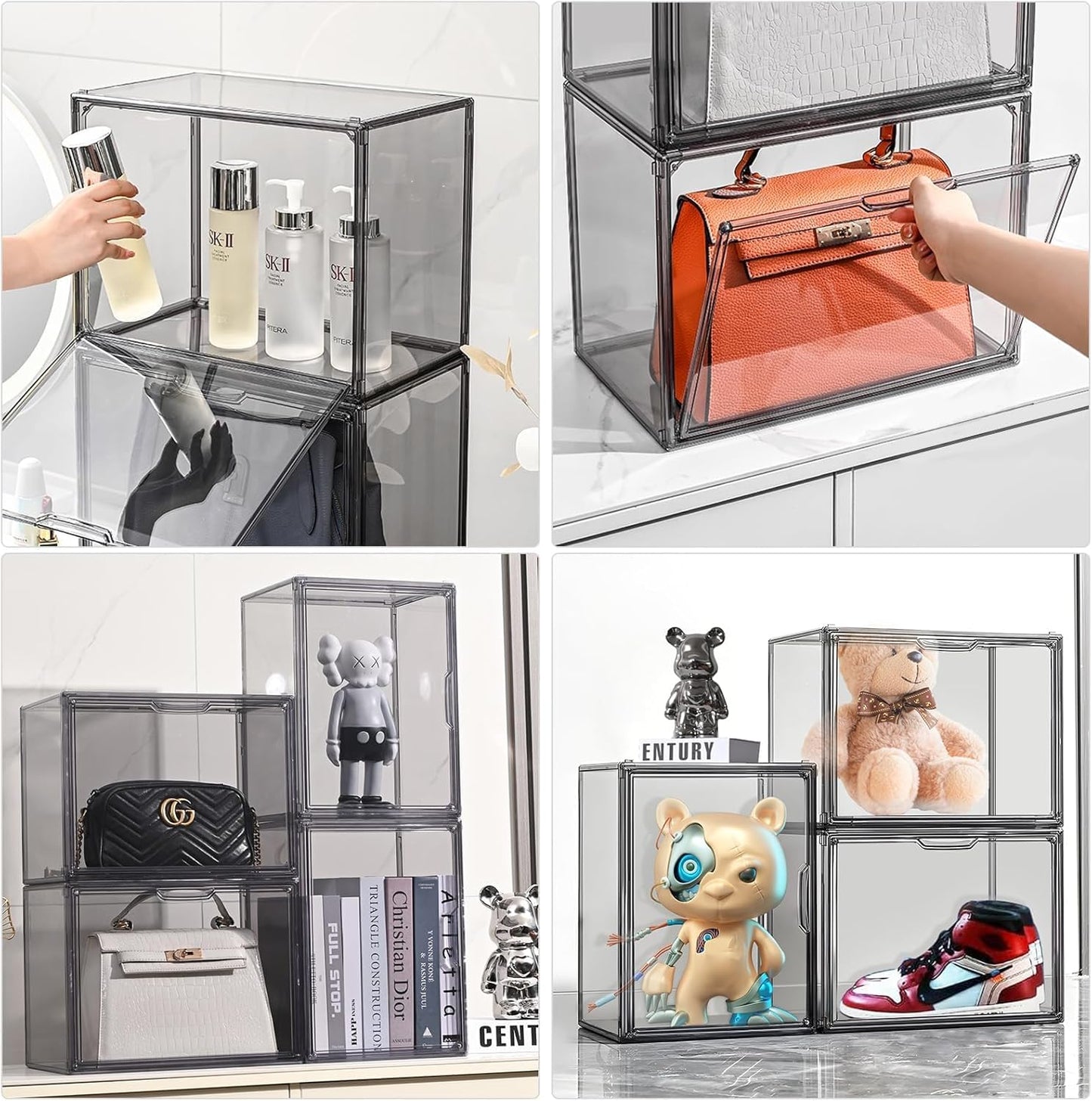 Clear Stackable Plastic Storage Bins with Magnetic Lid, Dustproof Book & Cosmetic Display Cases, Large Figures Collectibles Showcase, Shoe Box, Protection Organizer (Gray, L-3 Pack)