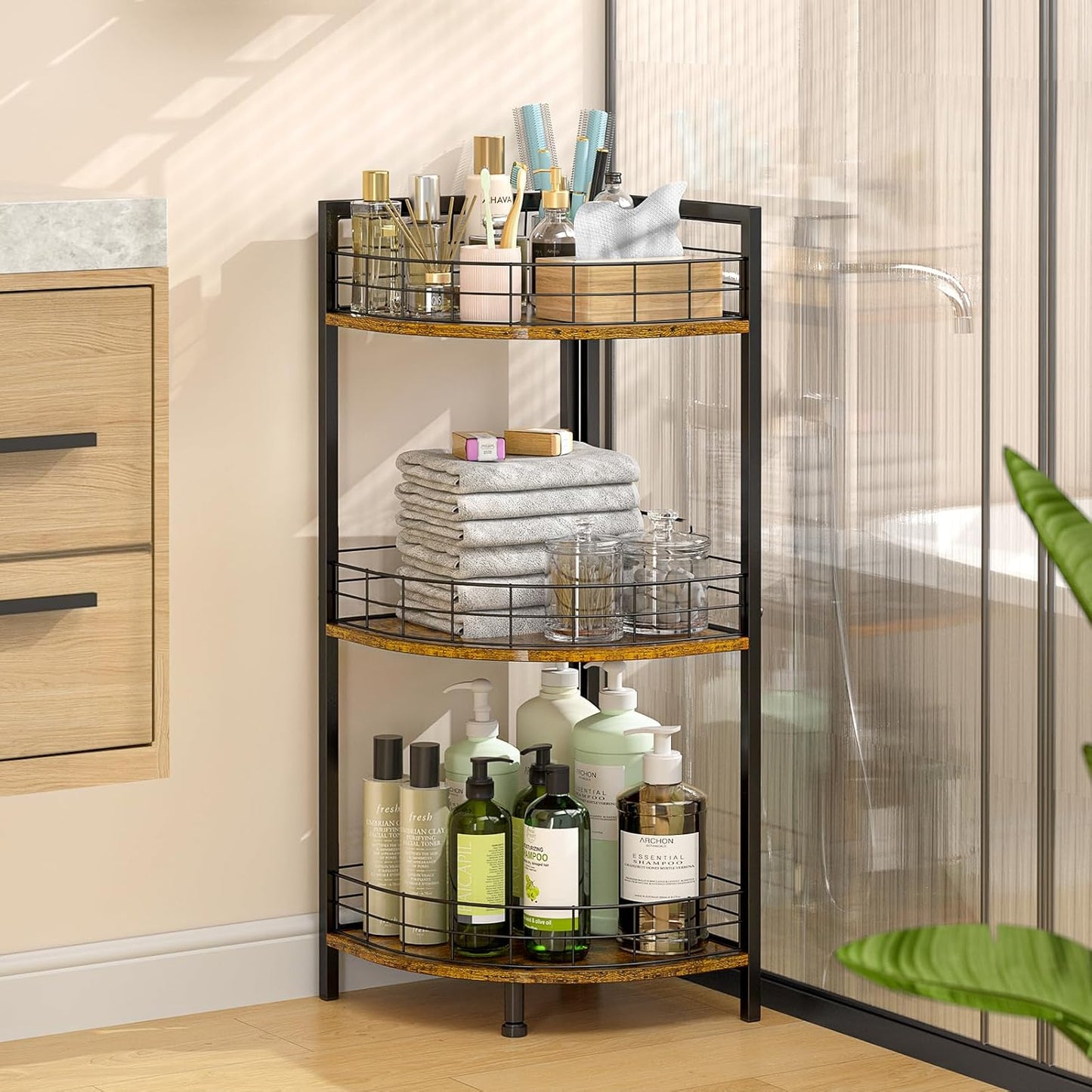 Bathroom Standing Shelf, 3 Tier Open Floor Shelves, Free-Standing Shelf Units, Triangular Curved Corner Shelf Stand for Small Space, Ideal for Bathroom,Kitchen,Vanity Storage and Organizer