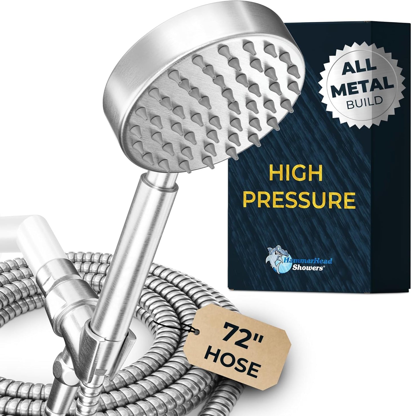 HammerHead Showers® ALL METAL Handheld Shower Head with Hose and Brass Holder - CHROME - 2.5 GPM High Pressure Shower Heads with Adjustable Shower Wand Bracket - 6ft Flexible Extension