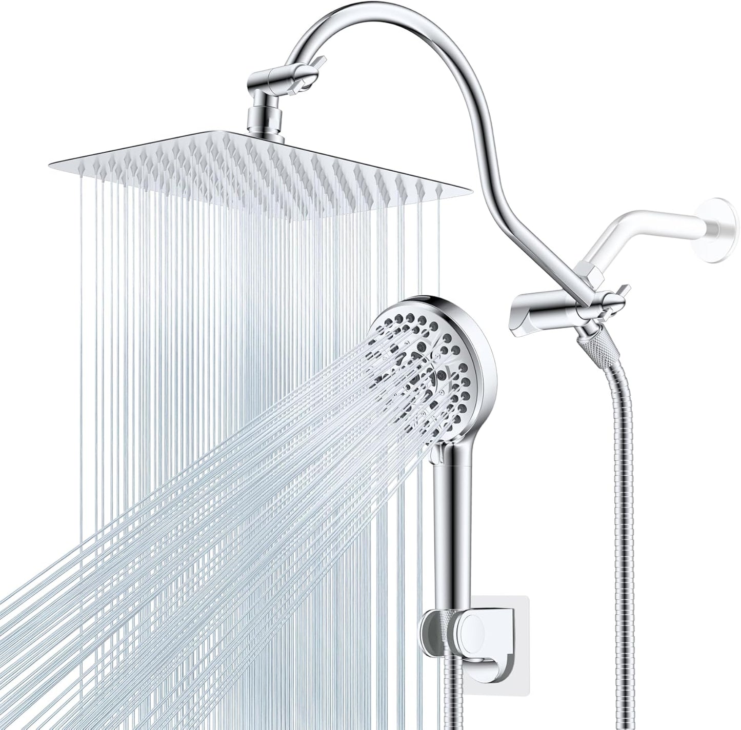Hibbent All Metal Shower Head, 10'' High Pressure Rainfall Shower Head/Handheld Showerhead Combo with 12'' Adjustable Curve Shower Extension Arm, 10 Sprays, 71'' Shower Hose, Showerhead Holder, Chrome