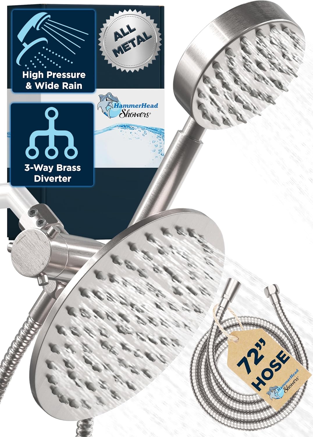 HammerHead Showers® ALL METAL Dual Shower Head Combo – CHROME – 8 Inch Rainfall High Flow Shower Head & Handheld Shower Head High Pressure with Hose 6ft - Hotel-Like Double Shower Heads