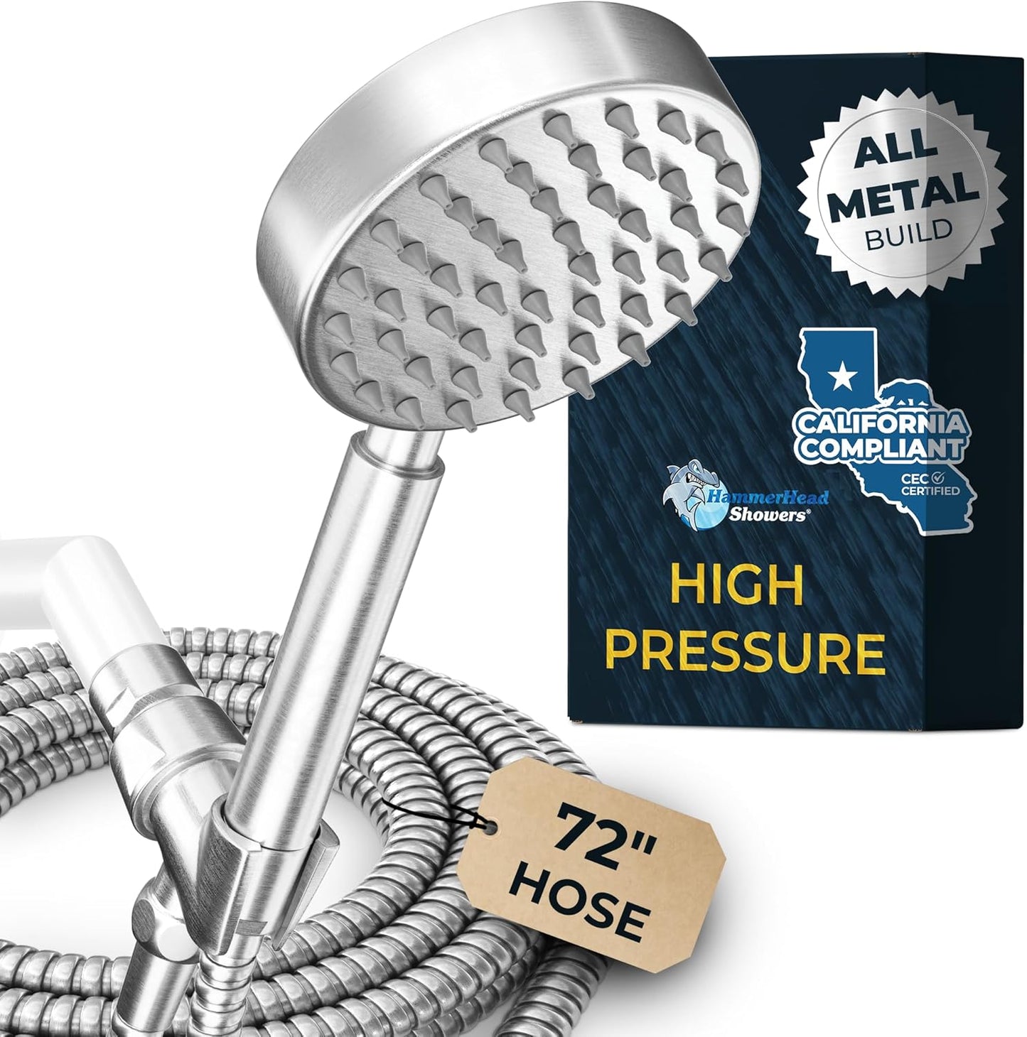 HammerHead Showers® ALL METAL Handheld Shower Head with Hose and Brass Holder - CHROME - 2.5 GPM High Pressure Shower Heads with Adjustable Shower Wand Bracket - 6ft Flexible Extension