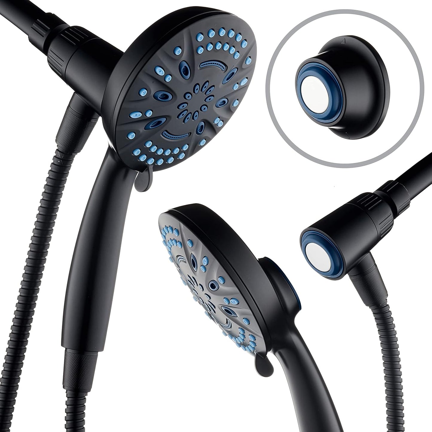 AquaCare Magneton High-Pressure 8-mode Handheld Shower Head with Magnetic Guidance Docking System - 2 Magnetic Brackets, 5 inch Face, Hygienic Jets, 6 ft. Stainless Steel Hose - All Nickel Finish