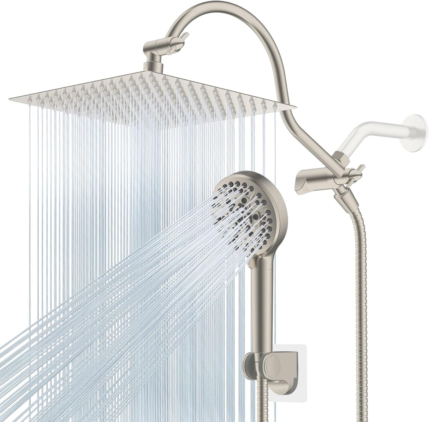 Hibbent All Metal Shower Head, 10'' High Pressure Rainfall Shower Head/Handheld Showerhead Combo with 12'' Adjustable Curve Shower Extension Arm, 10 Sprays, 71'' Shower Hose, Showerhead Holder, Chrome