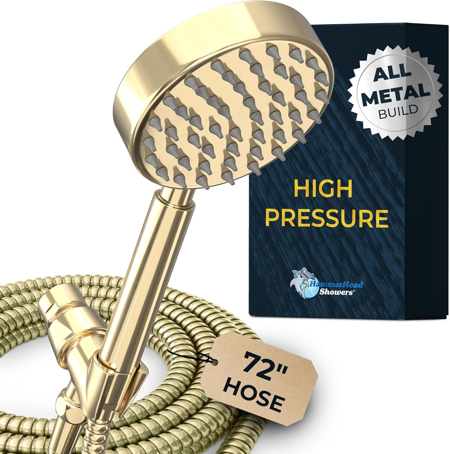 HammerHead Showers® ALL METAL Handheld Shower Head with Hose and Brass Holder - CHROME - 2.5 GPM High Pressure Shower Heads with Adjustable Shower Wand Bracket - 6ft Flexible Extension