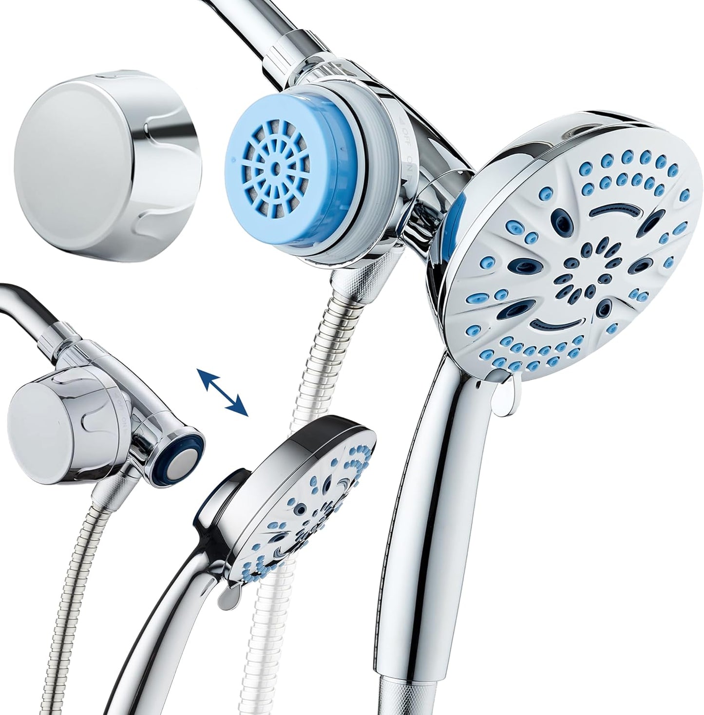 AquaCare Magneton High-Pressure 8-mode Handheld Shower Head with Magnetic Guidance Docking System - 2 Magnetic Brackets, 5 inch Face, Hygienic Jets, 6 ft. Stainless Steel Hose - All Nickel Finish