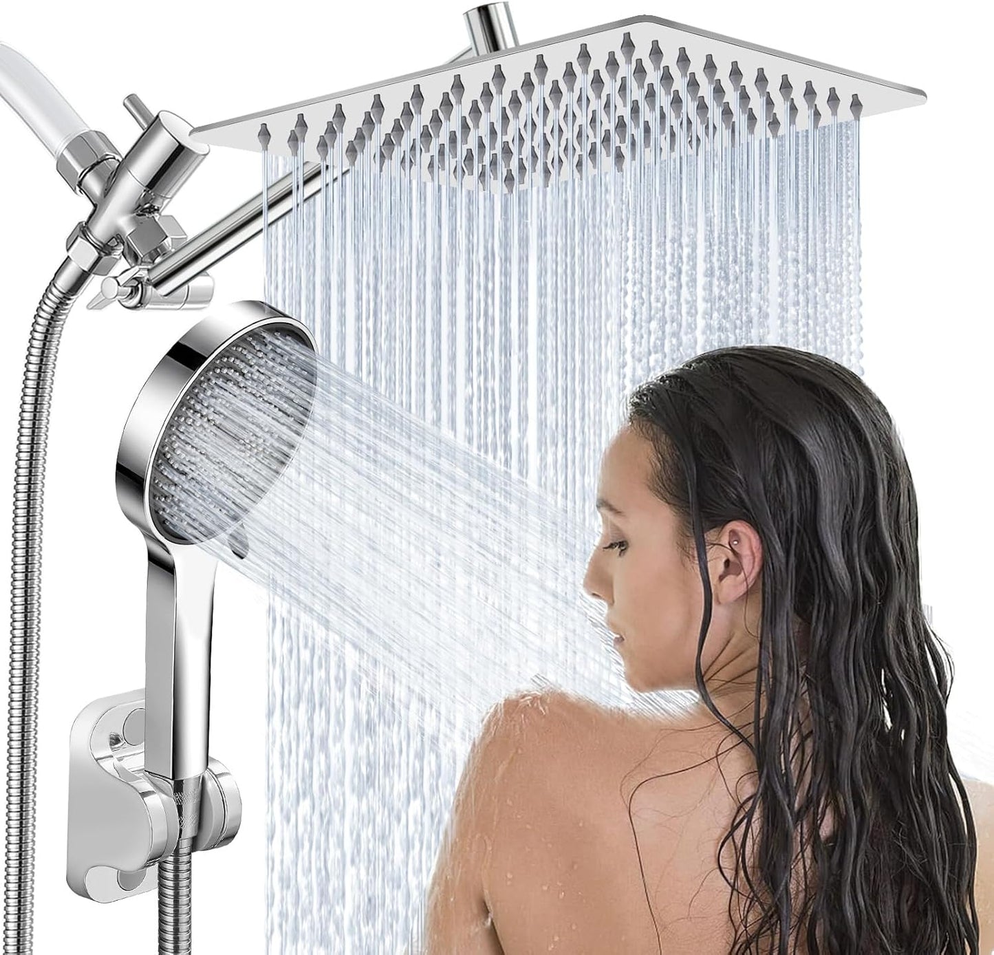 Shower Head,12" High Pressure Shower Combo,Rainfall Shower System with Handheld Spray,All Metal 3-Way Diverter & 6ft Hose,Anti-Clog Nozzles,Easy to Install in Bathrooms-Silver Chrome