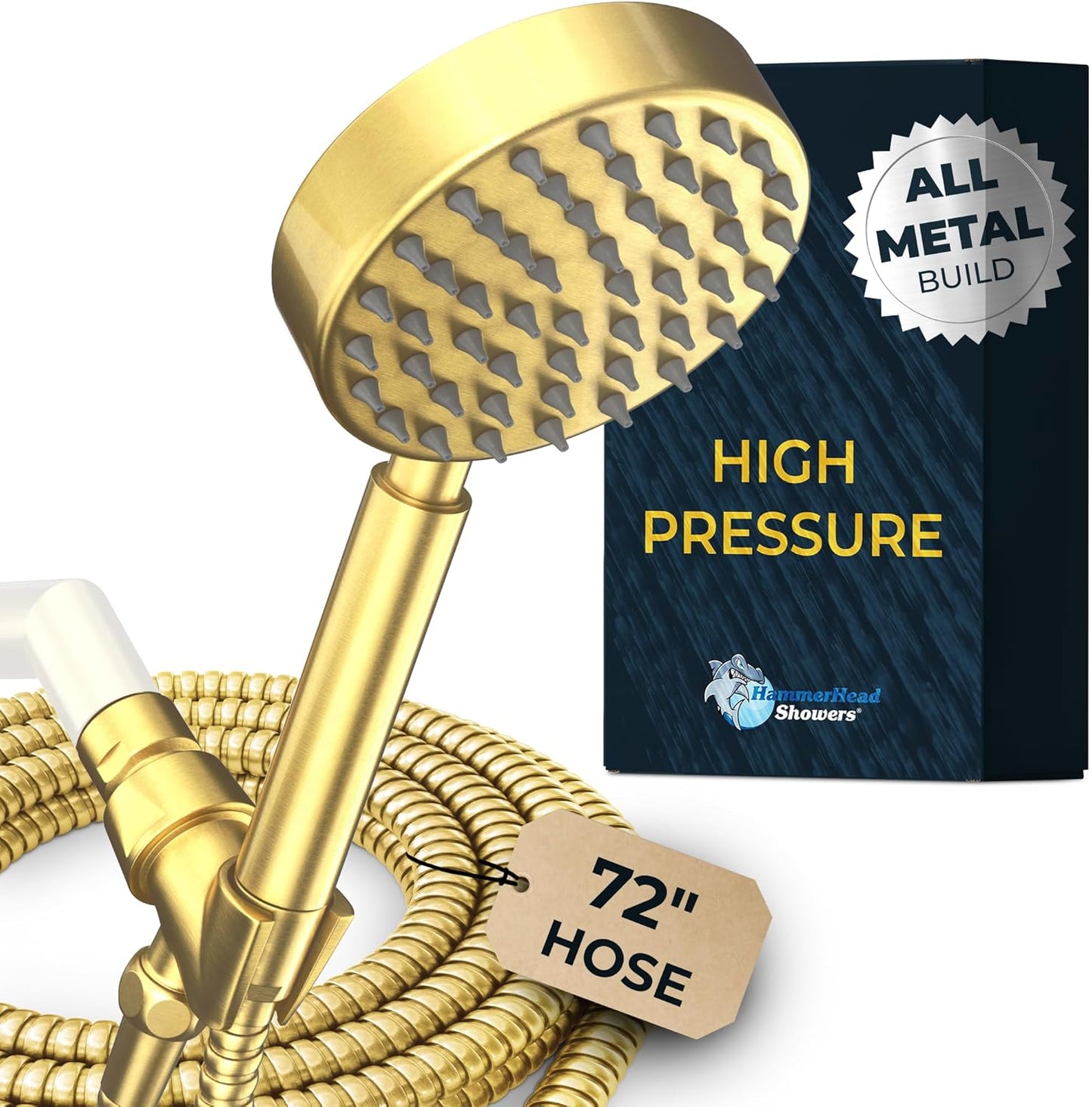 HammerHead Showers® ALL METAL Handheld Shower Head with Hose and Brass Holder - CHROME - 2.5 GPM High Pressure Shower Heads with Adjustable Shower Wand Bracket - 6ft Flexible Extension