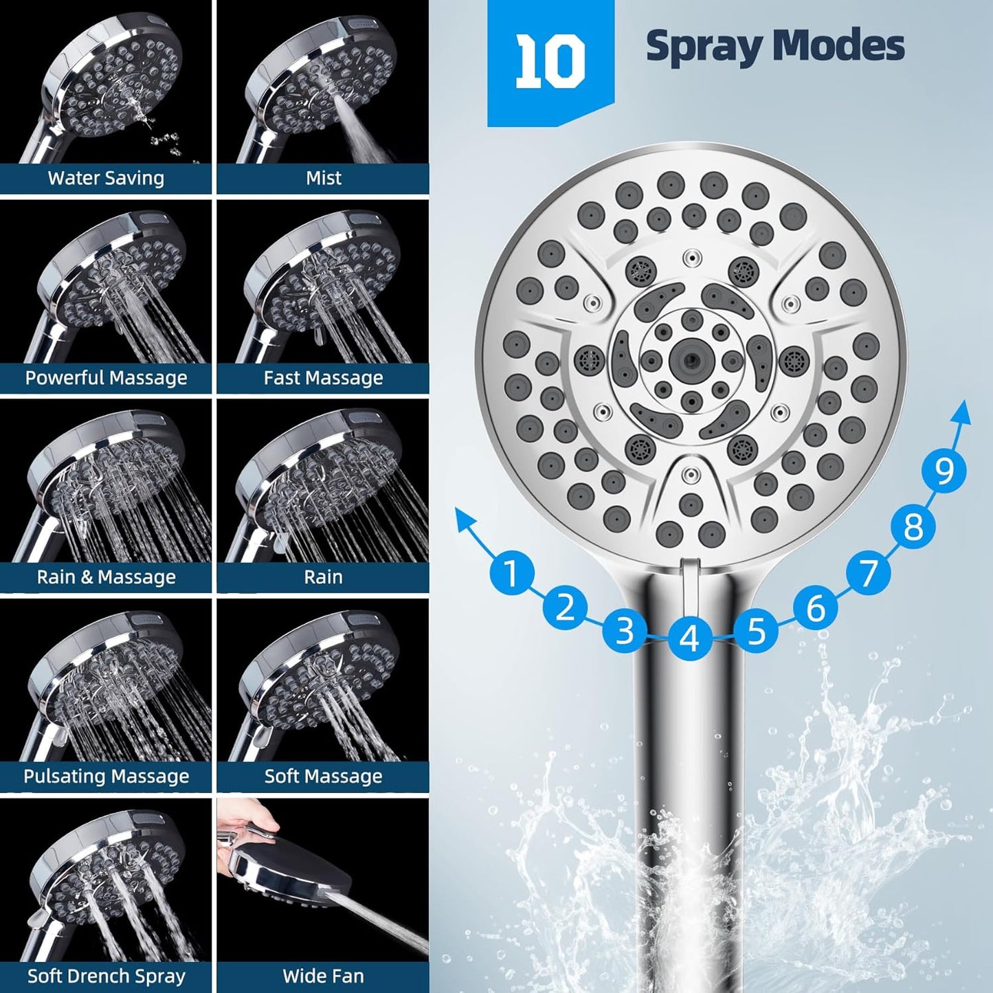 Hibbent All Metal Shower Head, 10'' High Pressure Rainfall Shower Head/Handheld Showerhead Combo with 12'' Adjustable Curve Shower Extension Arm, 10 Sprays, 71'' Shower Hose, Showerhead Holder, Chrome