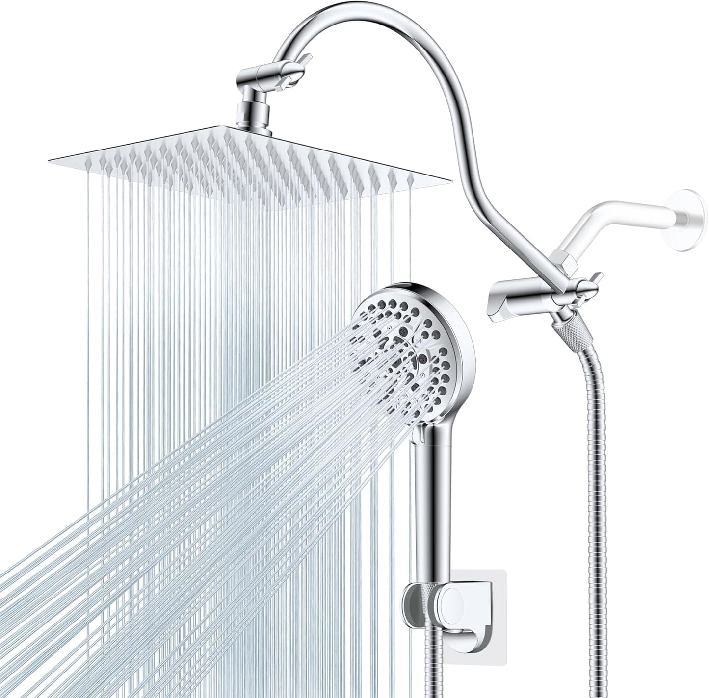 Hibbent All Metal Shower Head, 10'' High Pressure Rainfall Shower Head/Handheld Showerhead Combo with 12'' Adjustable Curve Shower Extension Arm, 10 Sprays, 71'' Shower Hose, Showerhead Holder, Chrome