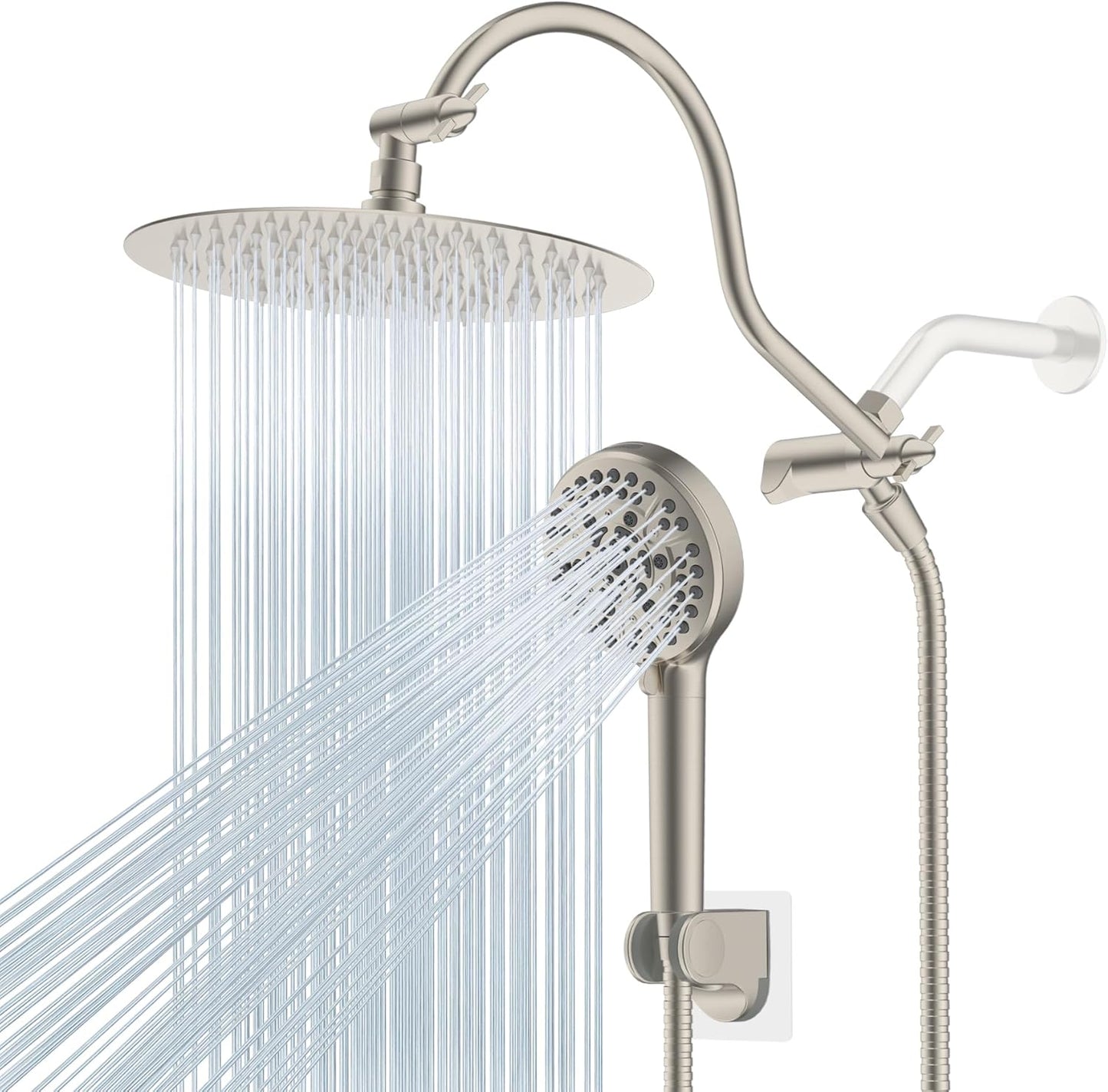 Hibbent All Metal Shower Head, 10'' High Pressure Rainfall Shower Head/Handheld Showerhead Combo with 12'' Adjustable Curve Shower Extension Arm, 10 Sprays, 71'' Shower Hose, Showerhead Holder, Chrome