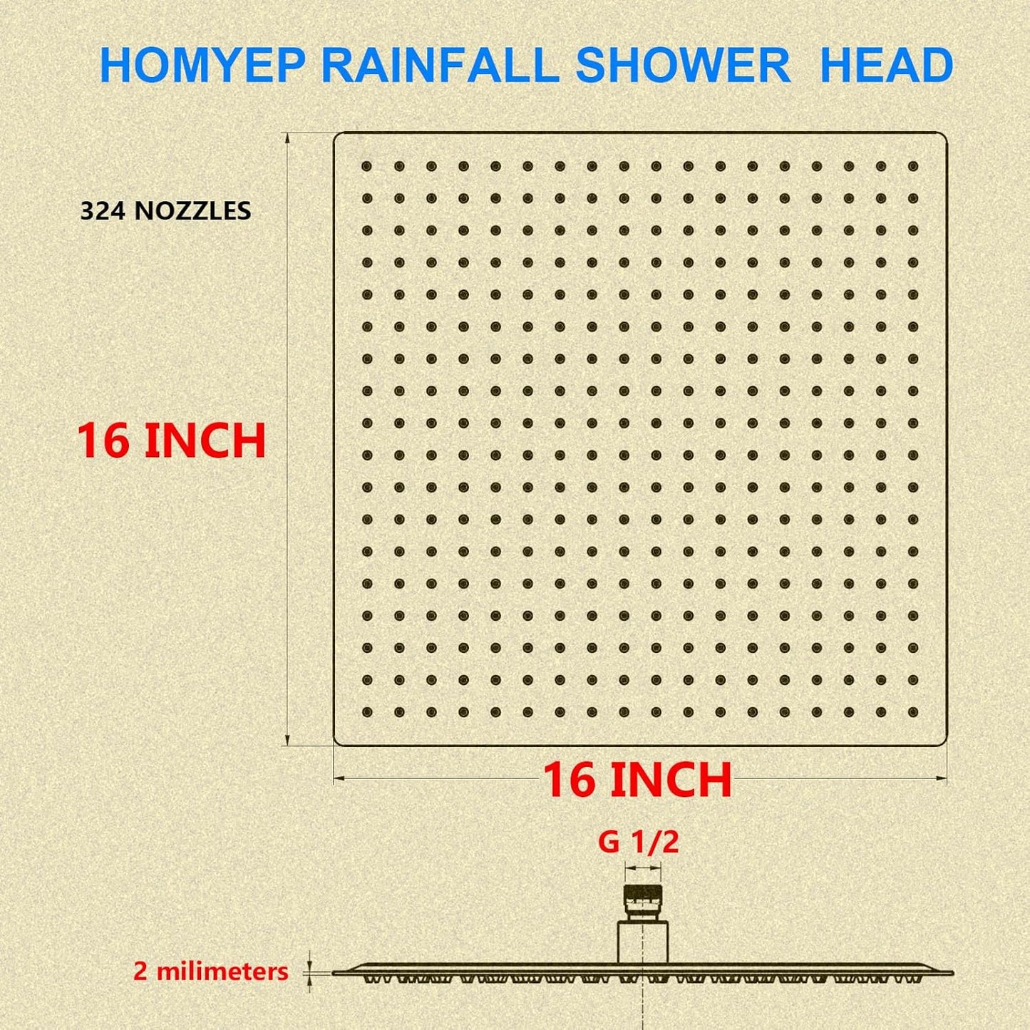 16 Inch Rain Shower Head Extra Large Rainfall Shower Head, Ultra Thin Stainless Steel Wall or Ceiling Mount Rain Showerhead, Square, Polished Chrome
