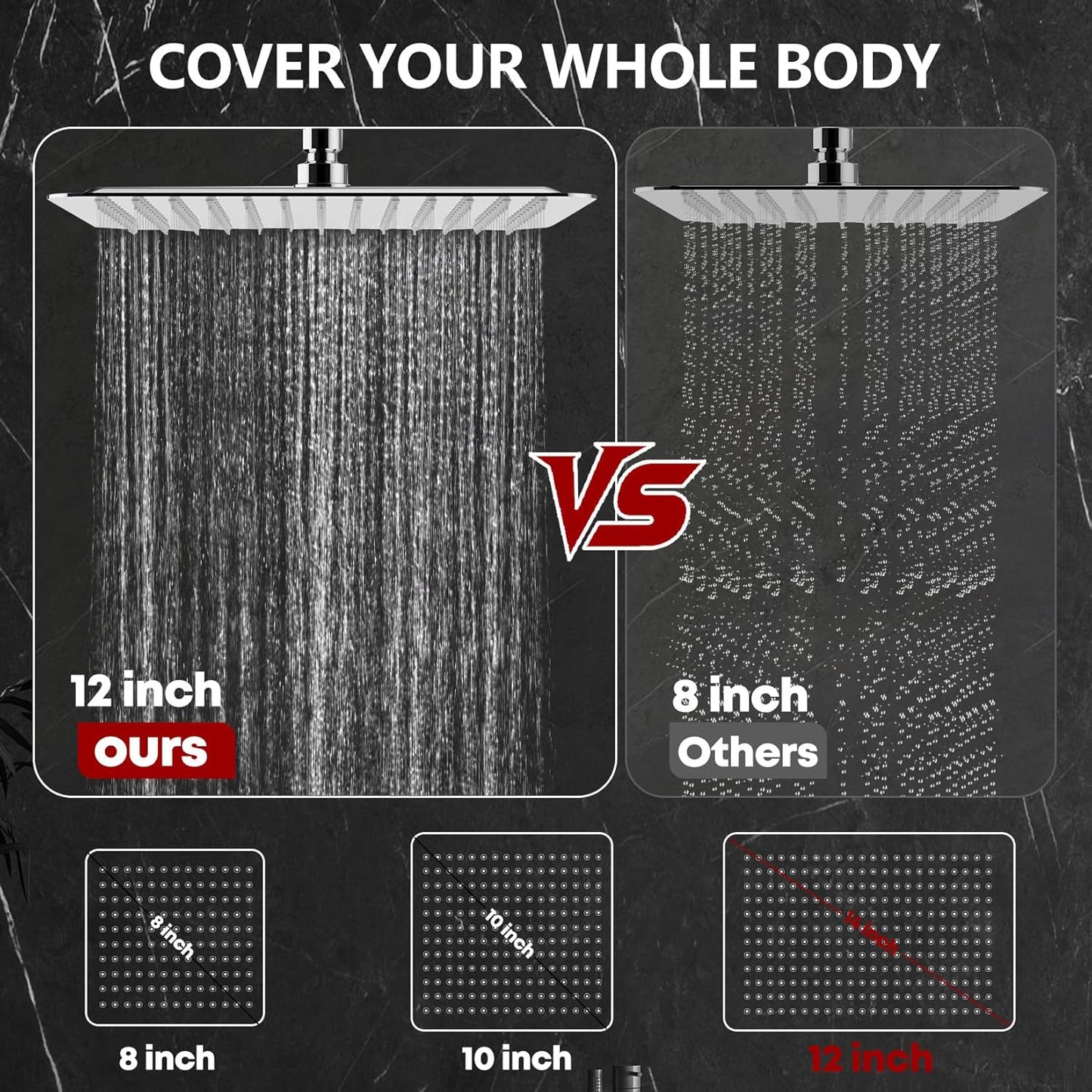 Shower Head,12" High Pressure Shower Combo,Rainfall Shower System with Handheld Spray,All Metal 3-Way Diverter & 6ft Hose,Anti-Clog Nozzles,Easy to Install in Bathrooms-Silver Chrome