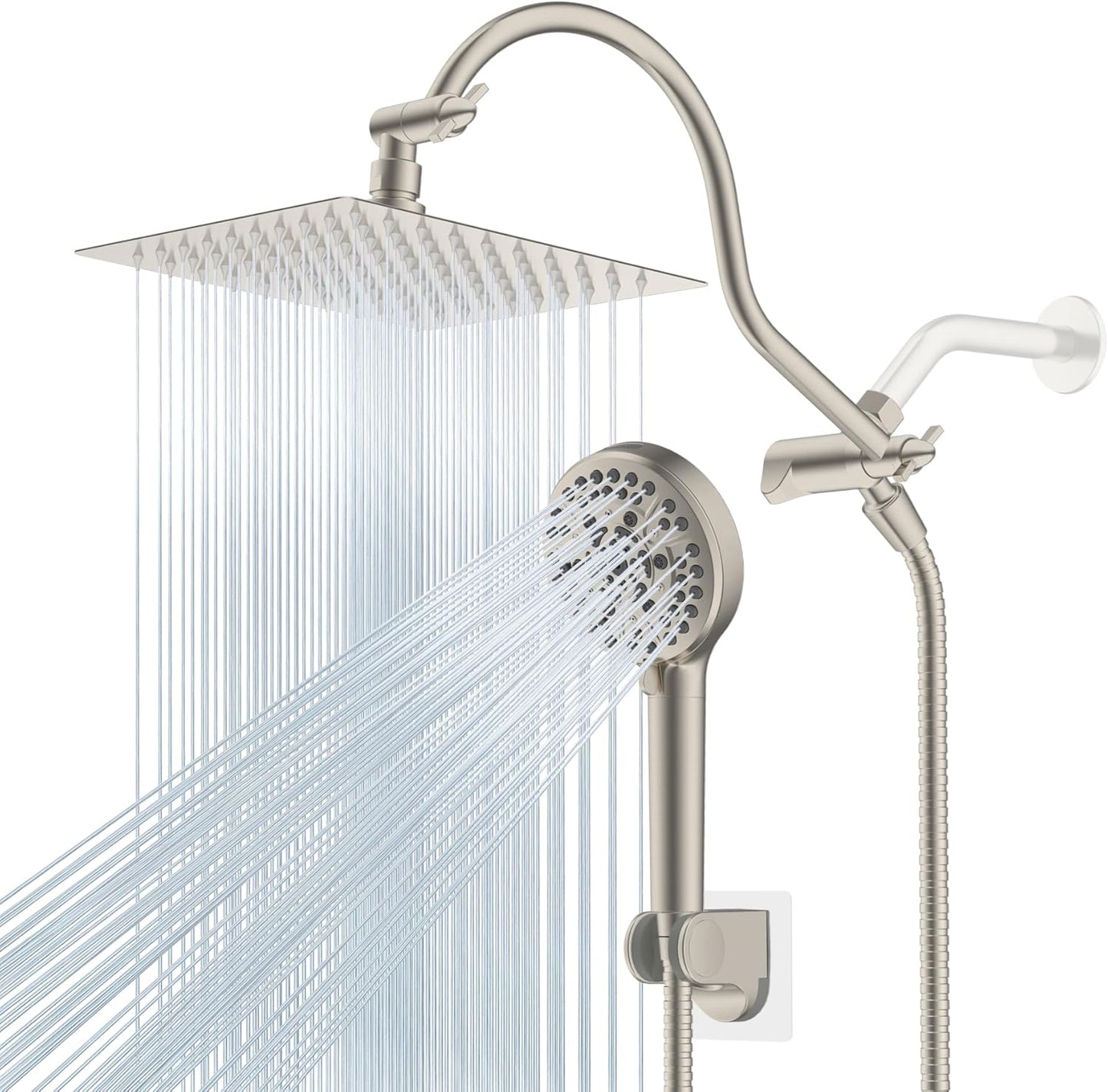 Hibbent All Metal Shower Head, 10'' High Pressure Rainfall Shower Head/Handheld Showerhead Combo with 12'' Adjustable Curve Shower Extension Arm, 10 Sprays, 71'' Shower Hose, Showerhead Holder, Chrome
