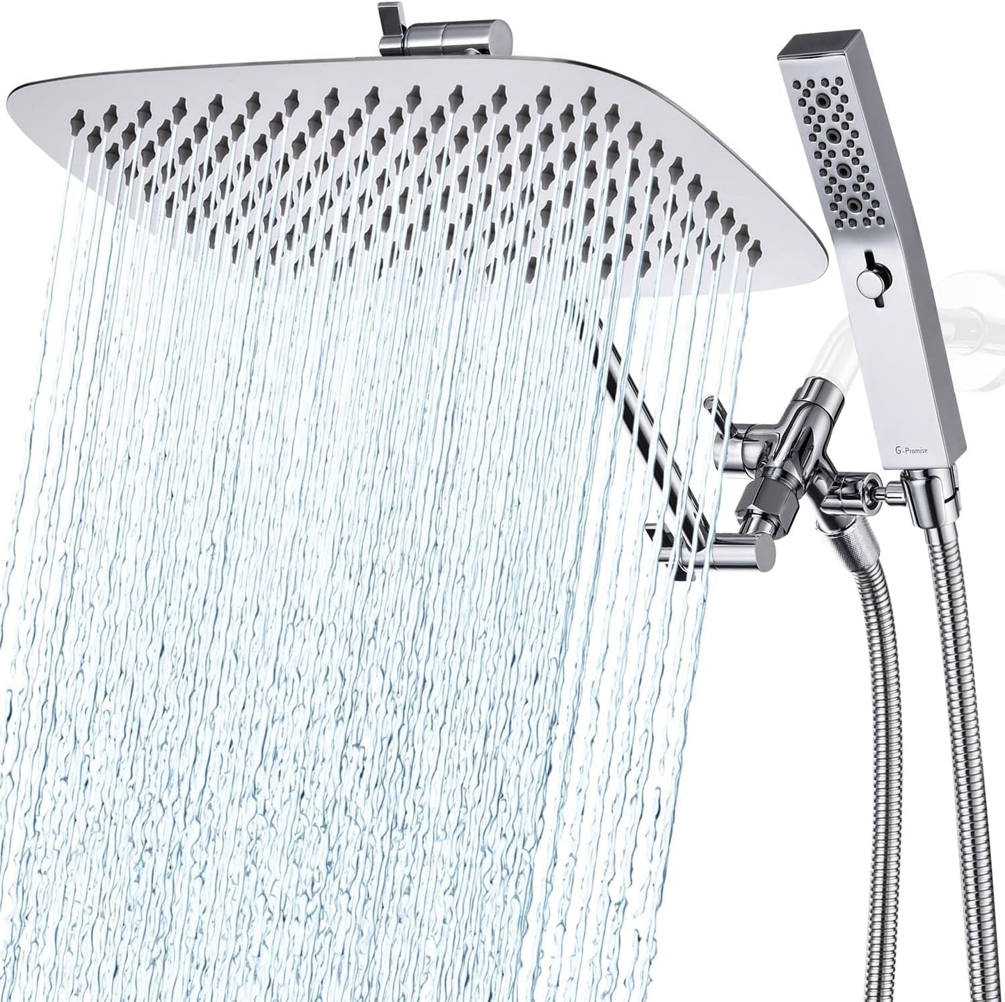 G-Promise All Metal 14 Inch Dual Shower Head with Handheld Combo, Rain Shower Head, Adjustable Extension Arm, Smooth 3-Way Diverter, 71 Inch Extra Long Hose - A Bathroom Upgrade (Chrome)