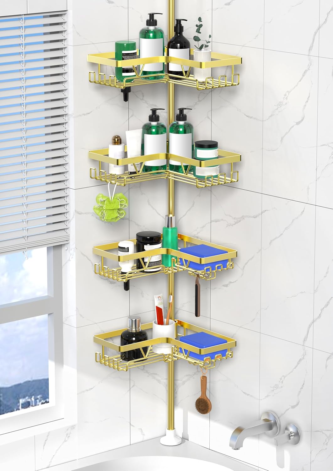Corner Shower Caddy Tension Pole - 4 Tier Stainless Steel Rustproof Shower Corner Caddy for Bathtub Bathroom Shower Organizer Shelves Adjustable Pole 25-114.2 Inch Black