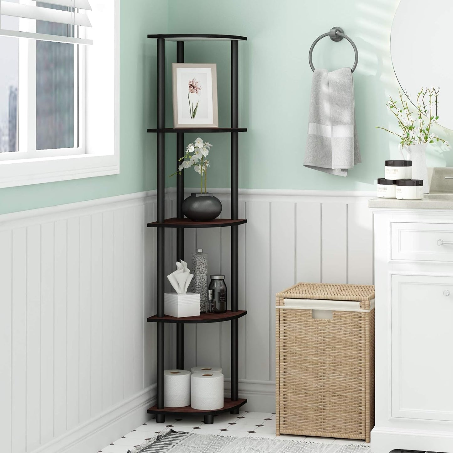 Furinno Turn-N-Tube 5 Tier Corner Display Rack Multipurpose Shelving Unit, 1-Pack, Dark Cherry/Black