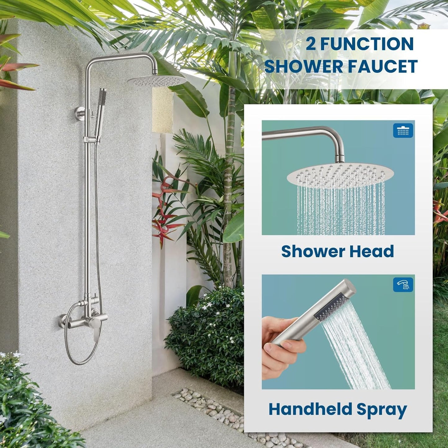 gotonovo Outdoor Shower Fixtures SUS304 Stainless Steel Rain Shower Kit Faucet High Pressure Wall Mount 2 Dual Function 8 Inch Showerhead and Handheld Spray Combo, Single Handle, Brushed Nickel